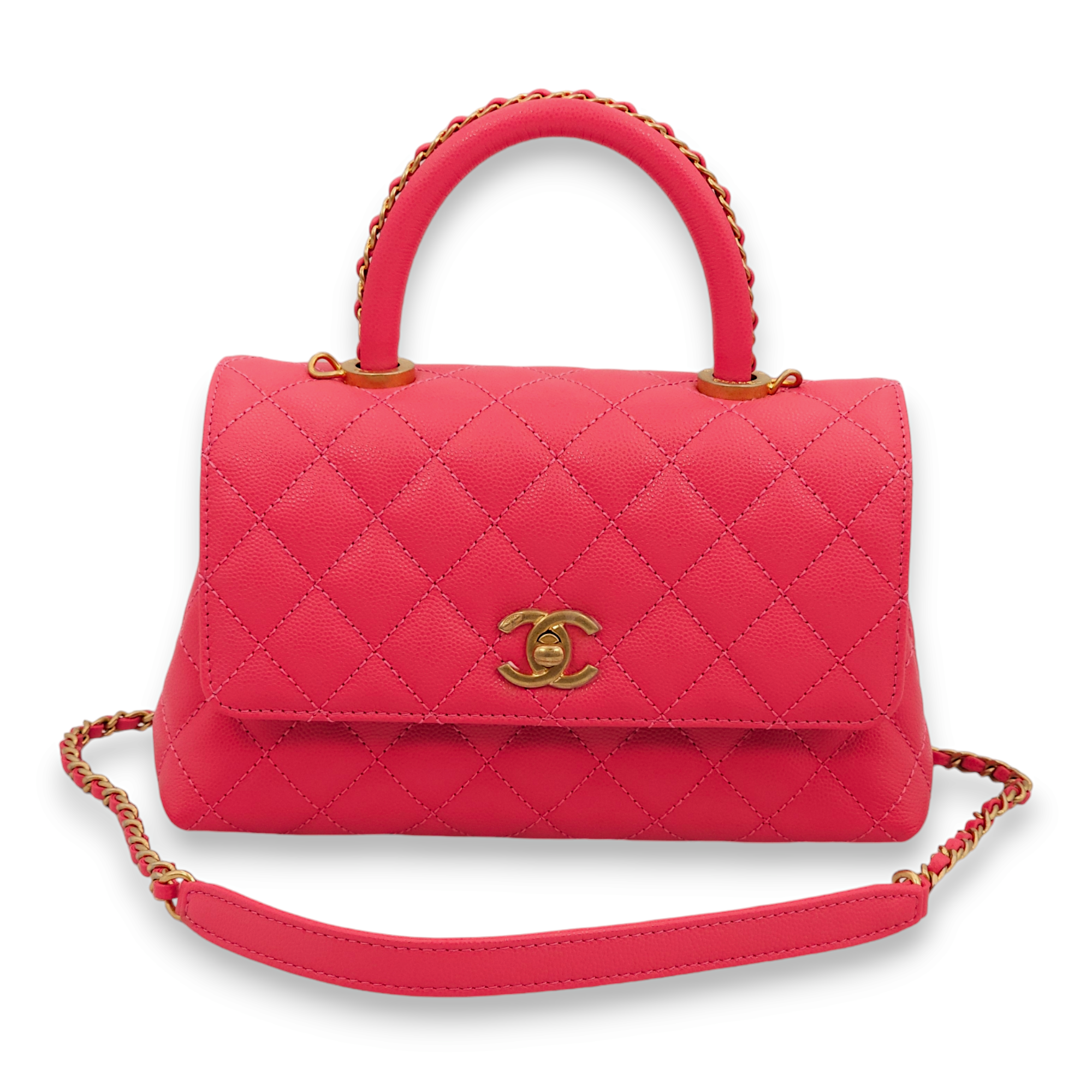 Quilted Coco Handle (Chained) Small Dark Pink Top Handle Bag in Caviar Leather, Gold hardware - Image 3
