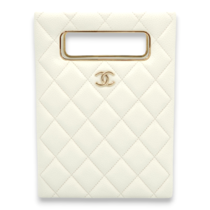 Quilted Vertical Evening Chain White Crossbody Bag in Caviar Leather, Gold hardware