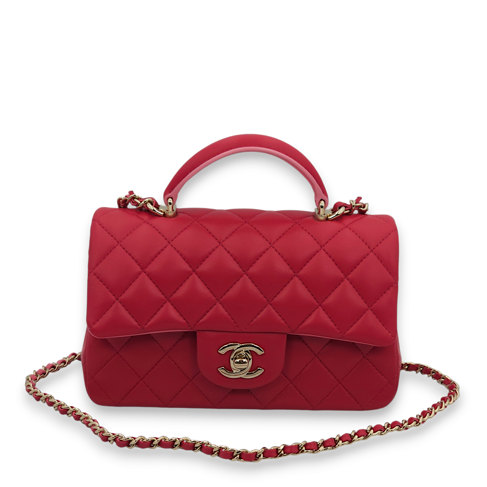 Rectangle (Quilted) Mini Rose Fince / Rose Clair Top Handle Bag in Lambskin, Gold hardware - Image 3