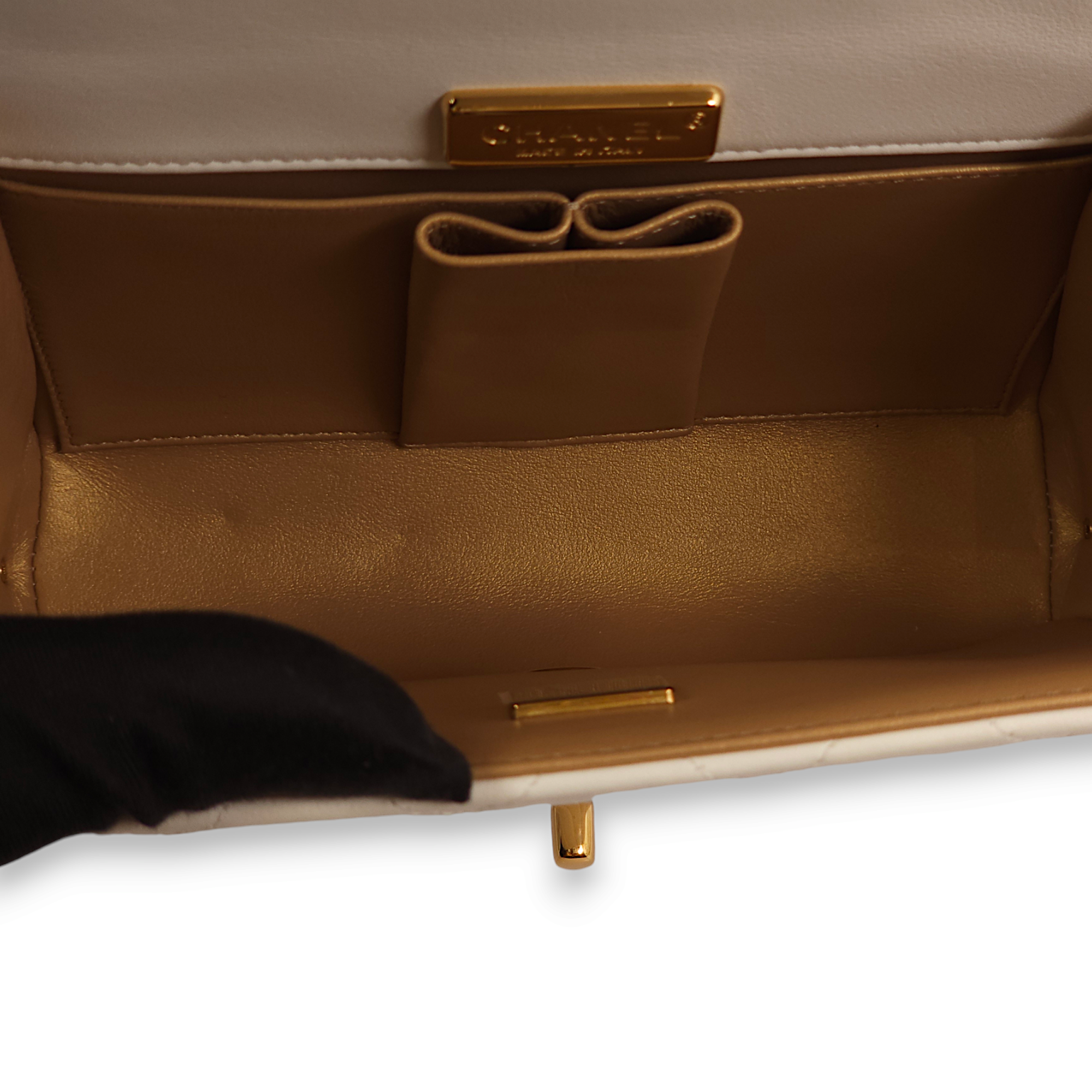 Quilted Plate Flap Mini White, Gold Top Handle Bag in Lambskin, Gold hardware - Image 4