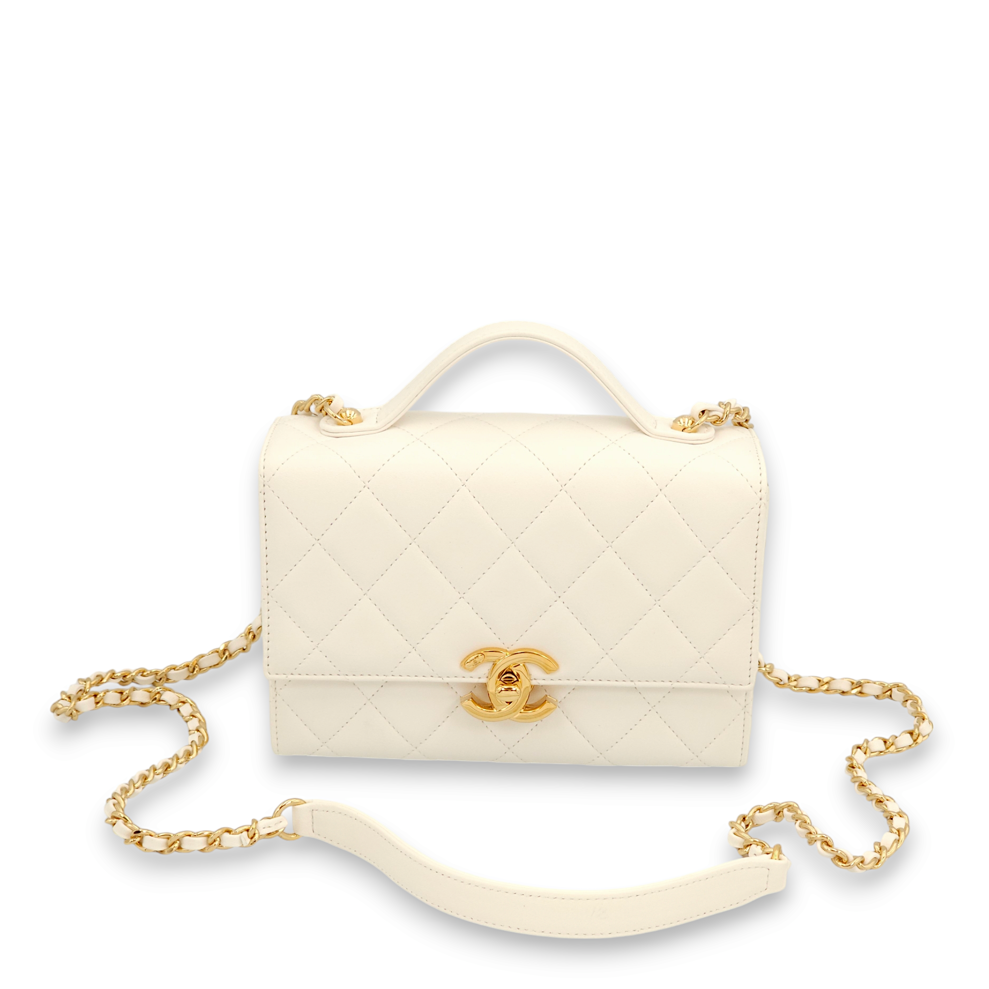 Quilted Plate Flap Mini White, Gold Top Handle Bag in Lambskin, Gold hardware - Image 3