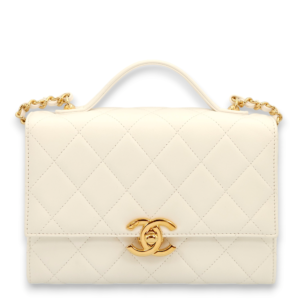 Quilted Plate Flap Mini White, Gold Top Handle Bag in Lambskin, Gold hardware