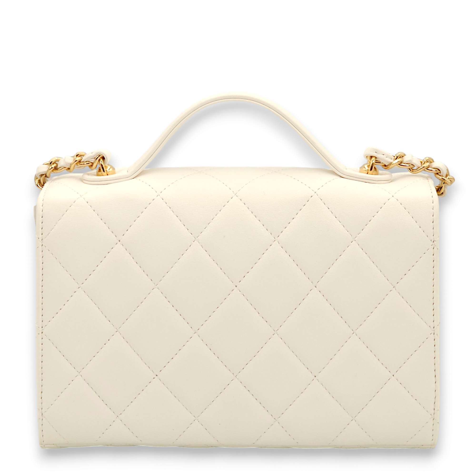 Quilted Plate Flap Mini White, Gold Top Handle Bag in Lambskin, Gold hardware - Image 2