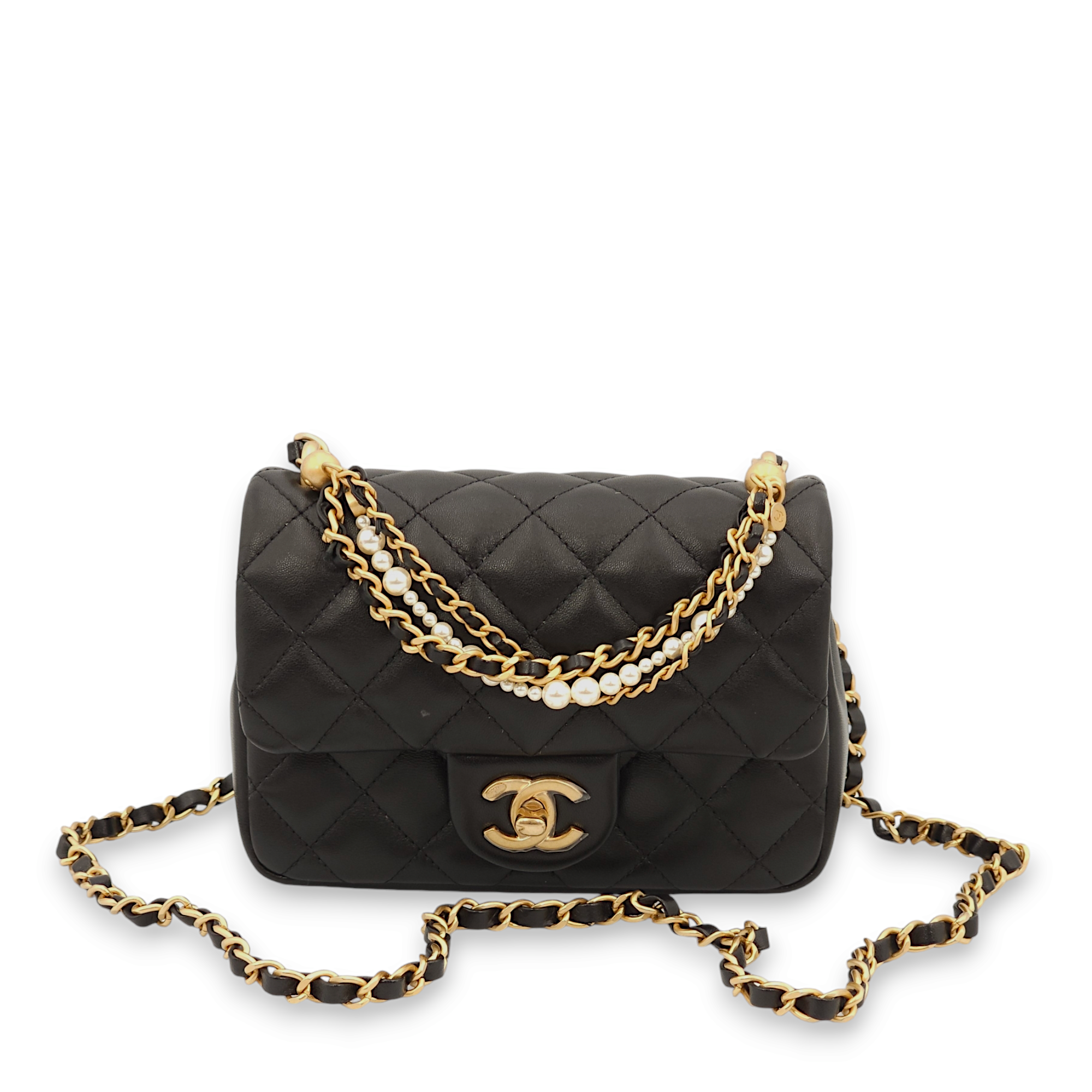 Seasonal Flap with Pearls Mini Black Shoulder Bag in Lambskin, Gold hardware - Image 3