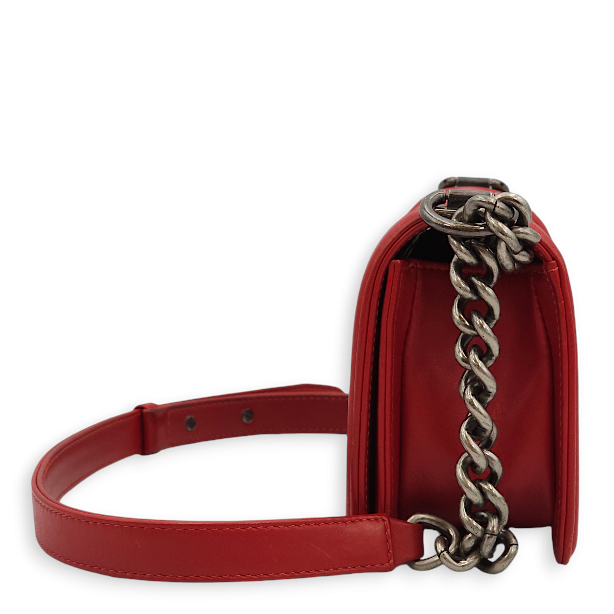 Quilted Le Boy (20cm) Small Red Shoulder Bag in Lambskin, Ruthenium hardware - Image 15