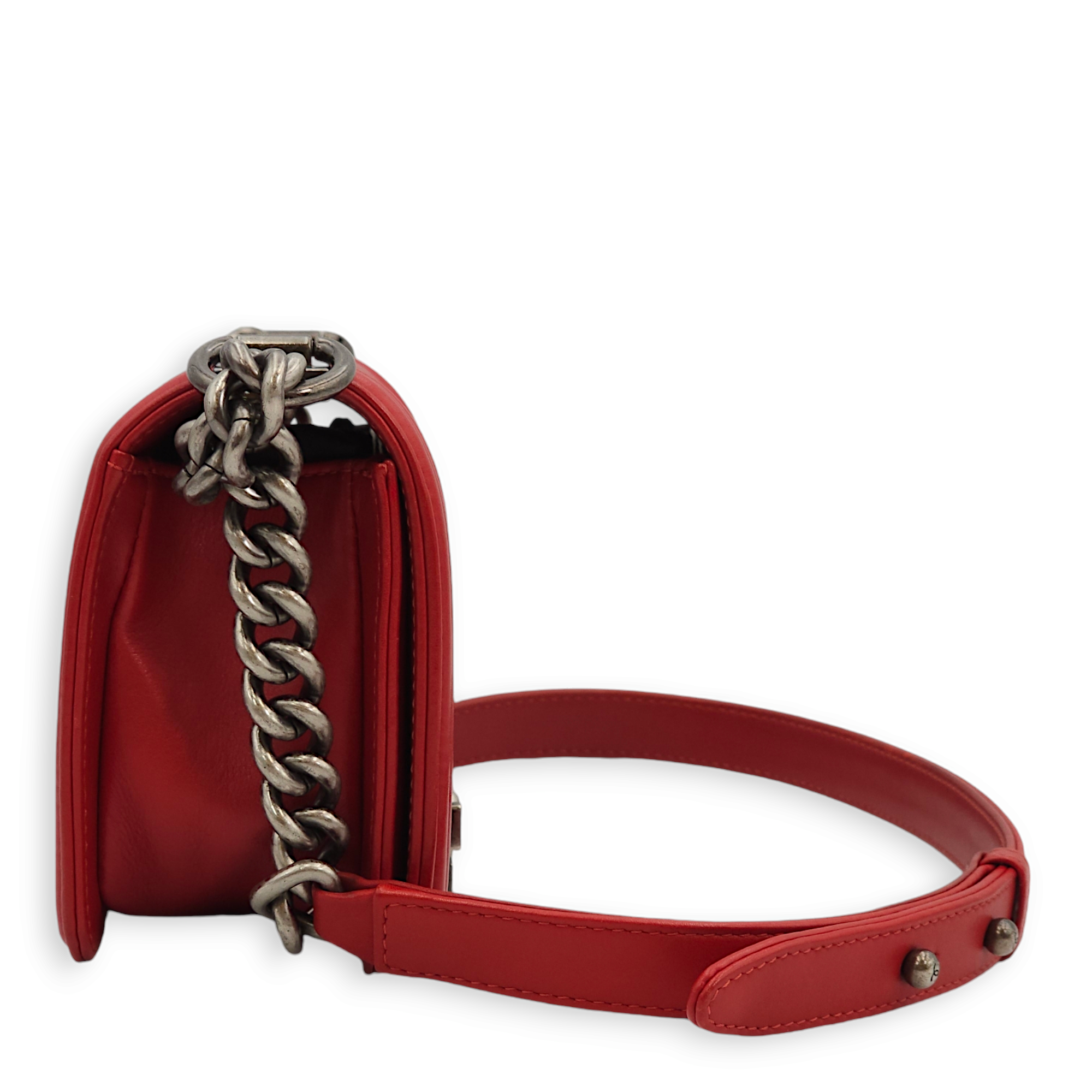 Quilted Le Boy (20cm) Small Red Shoulder Bag in Lambskin, Ruthenium hardware - Image 16