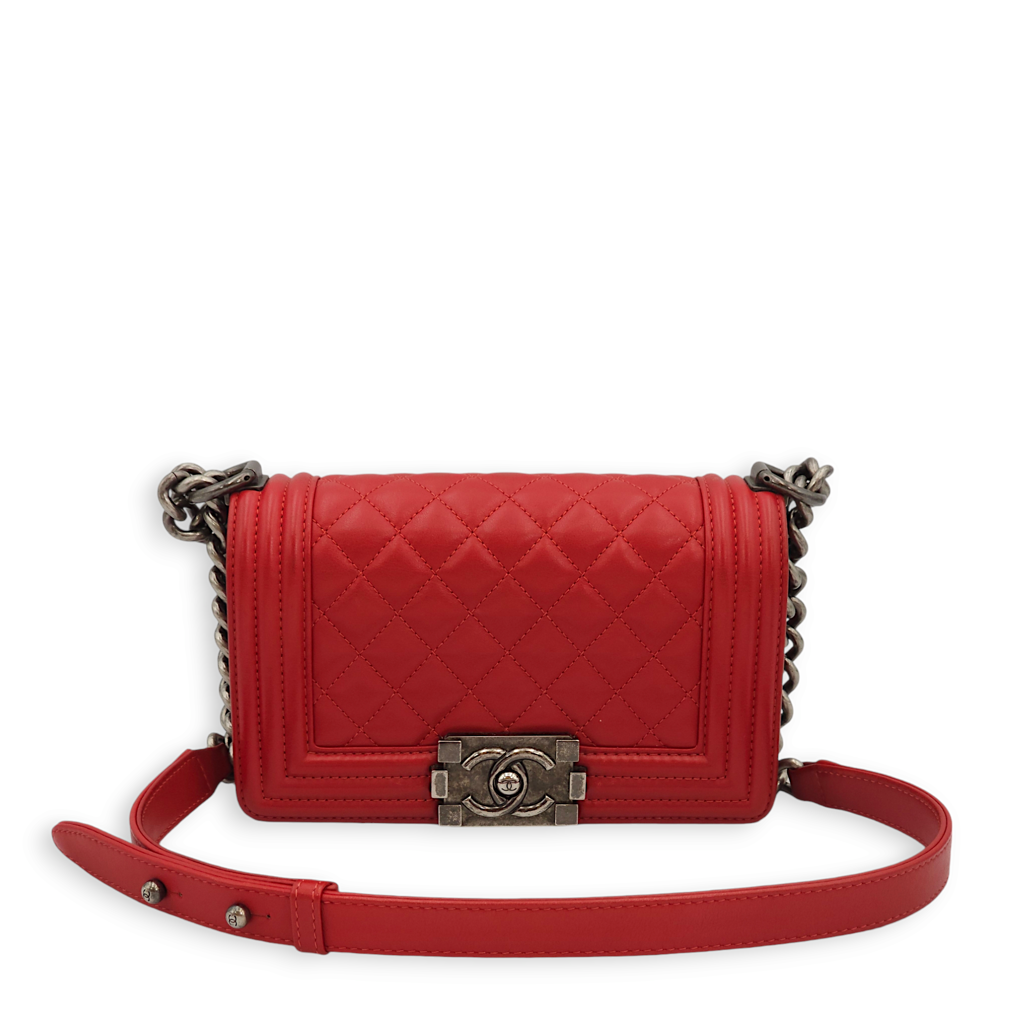 Quilted Le Boy (20cm) Small Red Shoulder Bag in Lambskin, Ruthenium hardware - Image 14