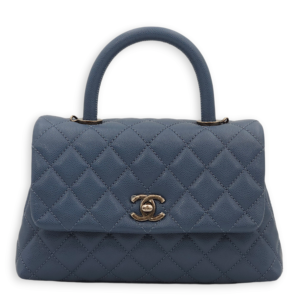 Quilted CoCo Small Blue Top Handle Bag in Caviar Leather, Ruthenium hardware