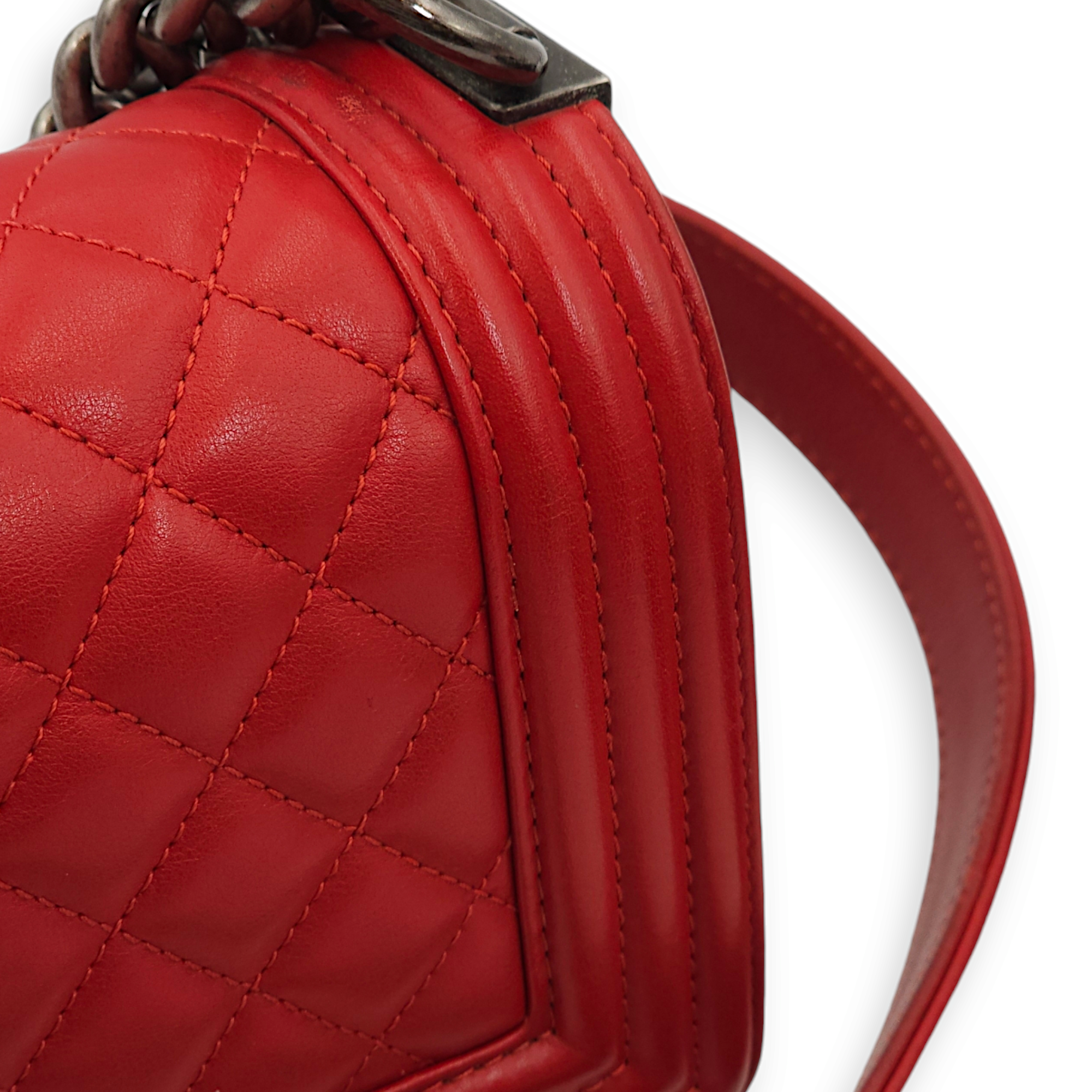 Quilted Le Boy (20cm) Small Red Shoulder Bag in Lambskin, Ruthenium hardware - Image 10