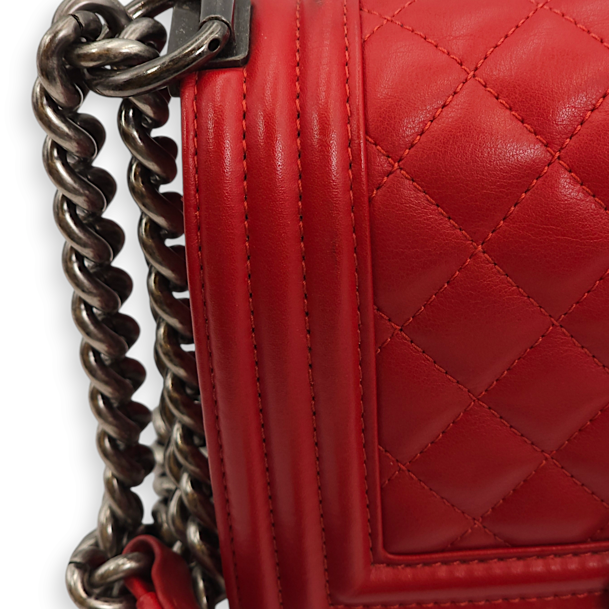 Quilted Le Boy (20cm) Small Red Shoulder Bag in Lambskin, Ruthenium hardware - Image 11