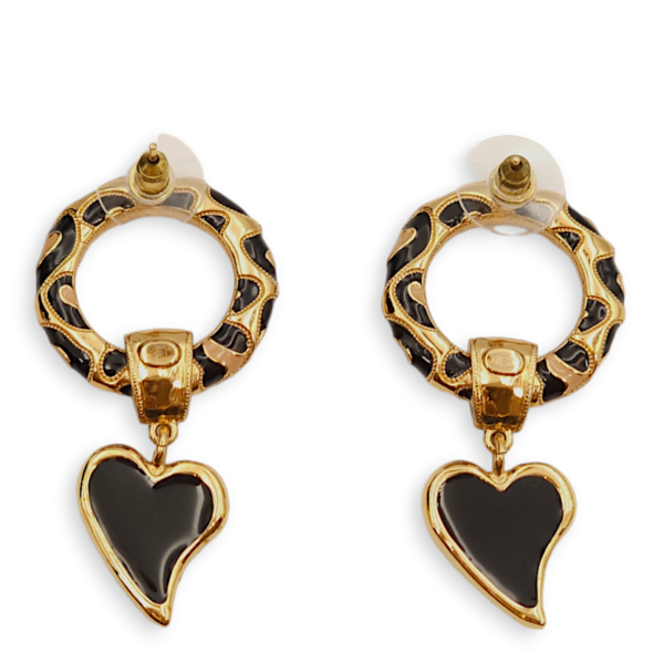 Round Dangling Heart Black/Gold Earrings, Gold hardware - Image 2