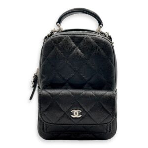 Quilted Mini Black Backpack in Caviar Leather, Silver hardware