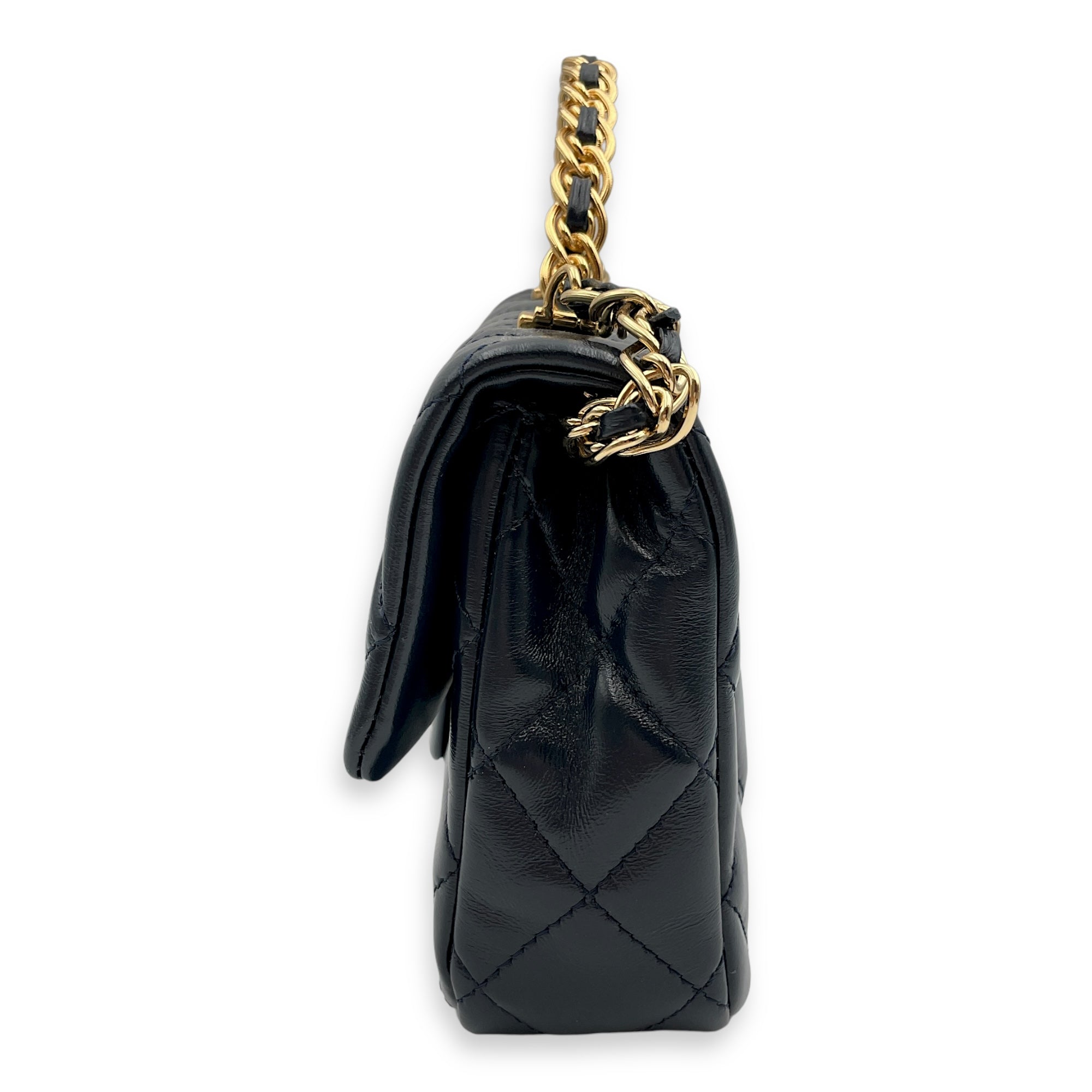 Seasonal Top Handle with double link Chain 20x13x5.5cm Navy Blue Top Handle Bag in Shiny lambskin, Gold hardware - Image 12