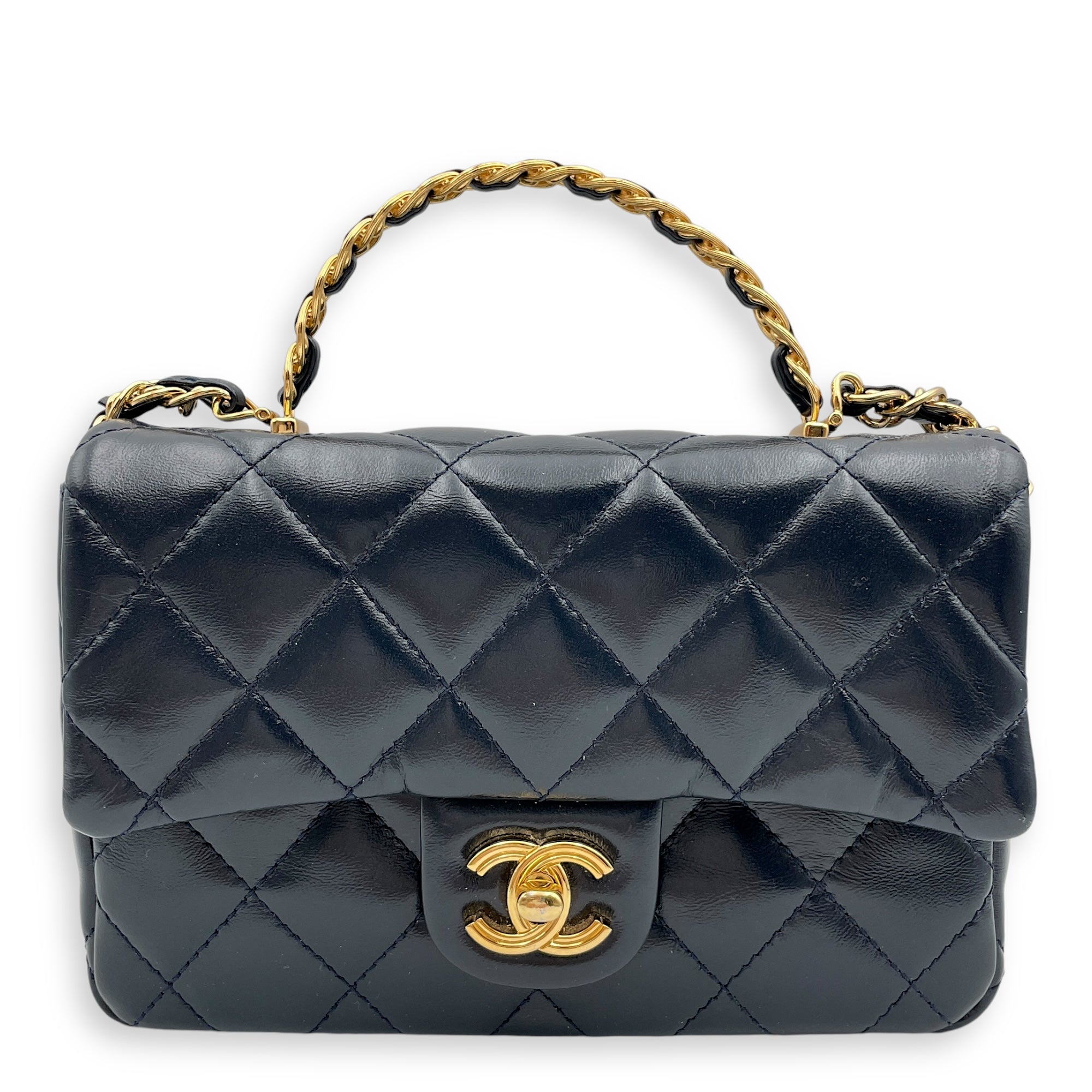 Seasonal Top Handle with double link Chain 20x13x5.5cm Navy Blue Top Handle Bag in Shiny lambskin, Gold hardware - Image 2