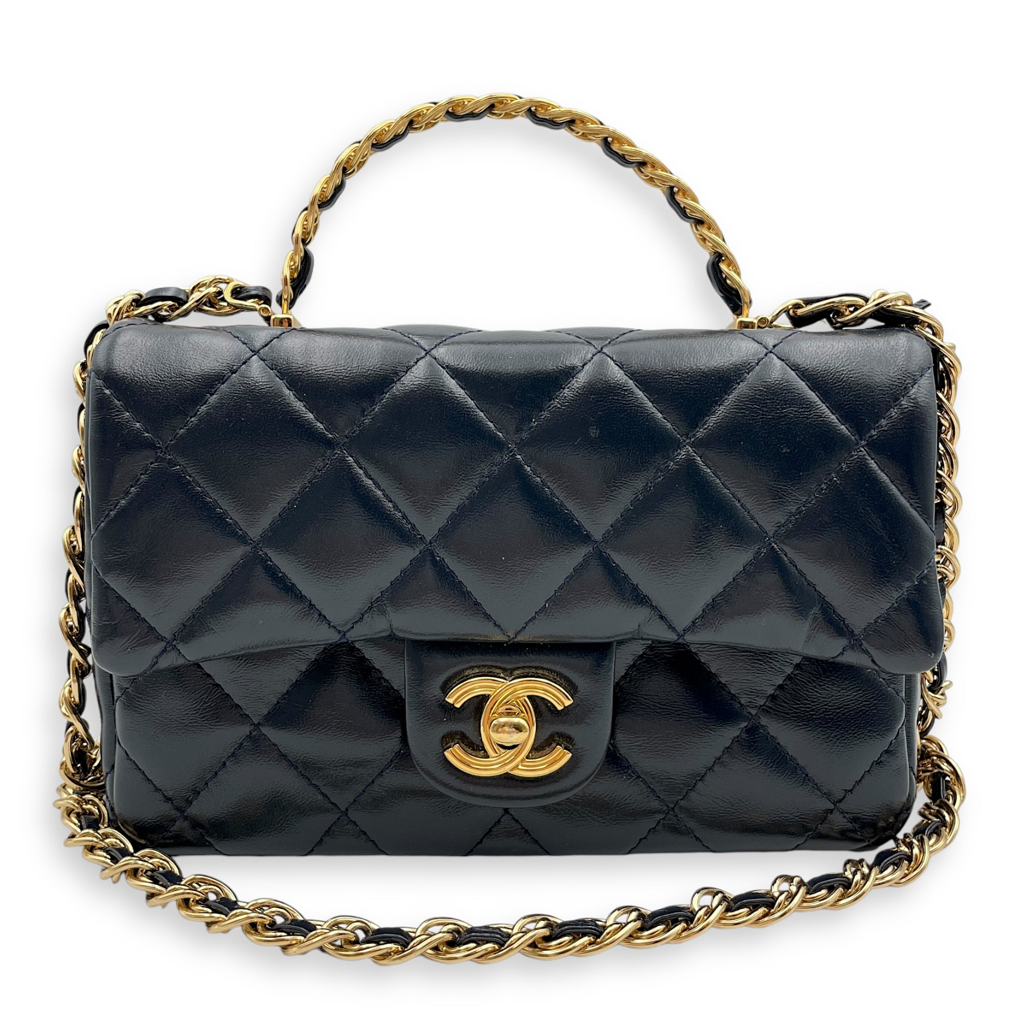 Seasonal Top Handle with double link Chain 20x13x5.5cm Navy Blue Top Handle Bag in Shiny lambskin, Gold hardware - Image 25
