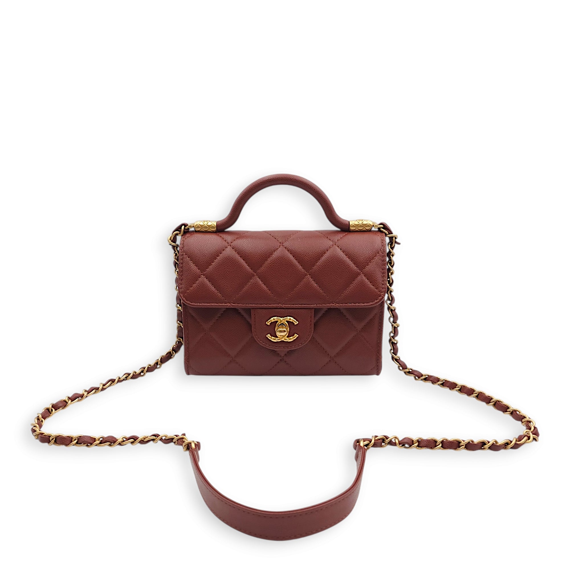 Seasonal Mini Flap with Top Handle 18x13x7cm Brown Crossbody Bag in Caviar Leather, Gold hardware - Image 14
