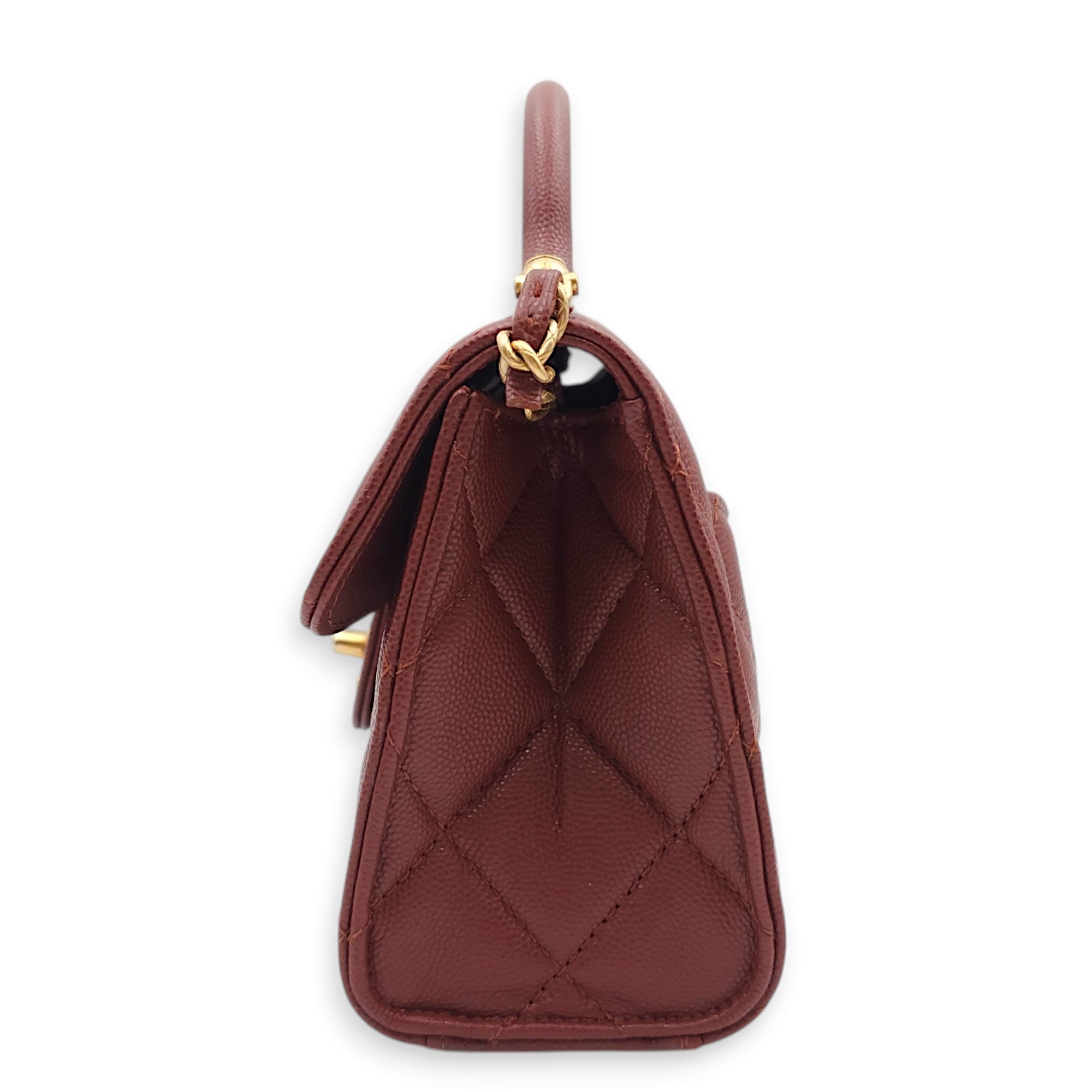 Seasonal Mini Flap with Top Handle 18x13x7cm Brown Crossbody Bag in Caviar Leather, Gold hardware - Image 7