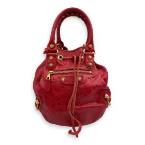 Pompon Mini Red Crossbody Bag in Distressed Leather, Gold hardware