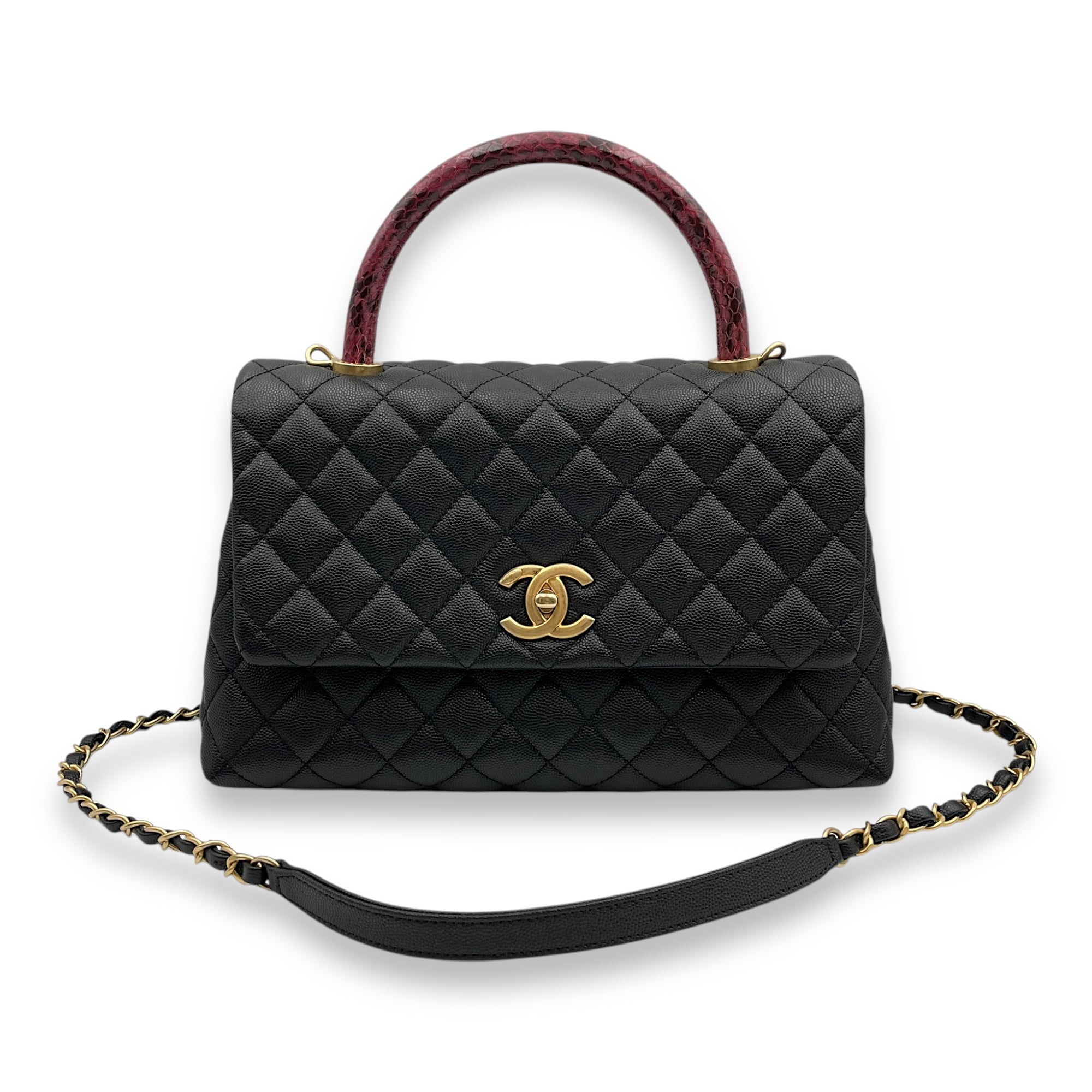 Quilted CoCo Handle (28cm) Medium Black Shoulder Bag in Caviar, elaphe handle, Gold hardware - Image 11