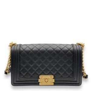 Quilted Boy (25cm) Medium Black Shoulder Bag in Caviar Leather, Guilloche hardware