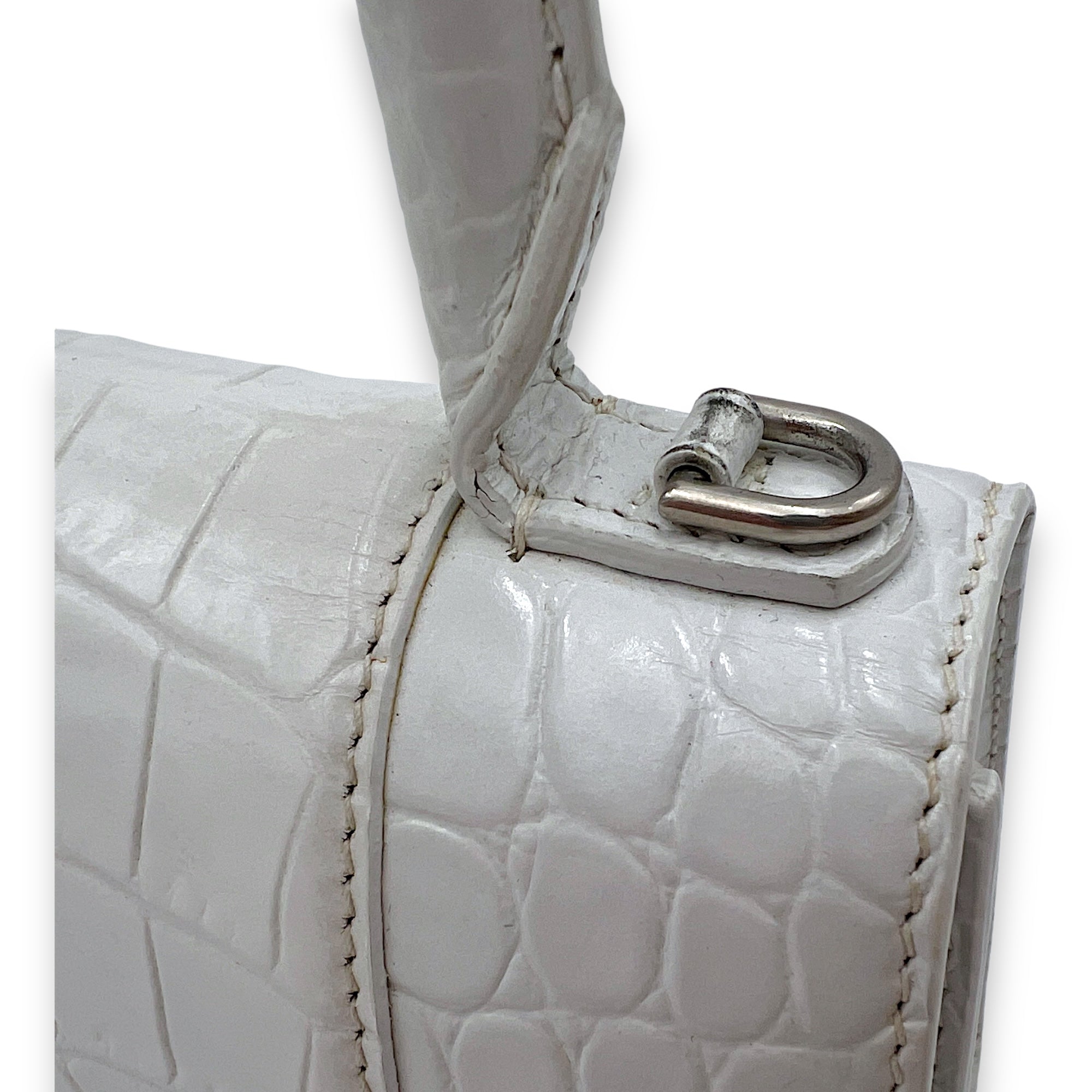 Hourglass XS White Top Handle Bag in Crocodile Embossed Calfskin, Silver hardware - Image 7