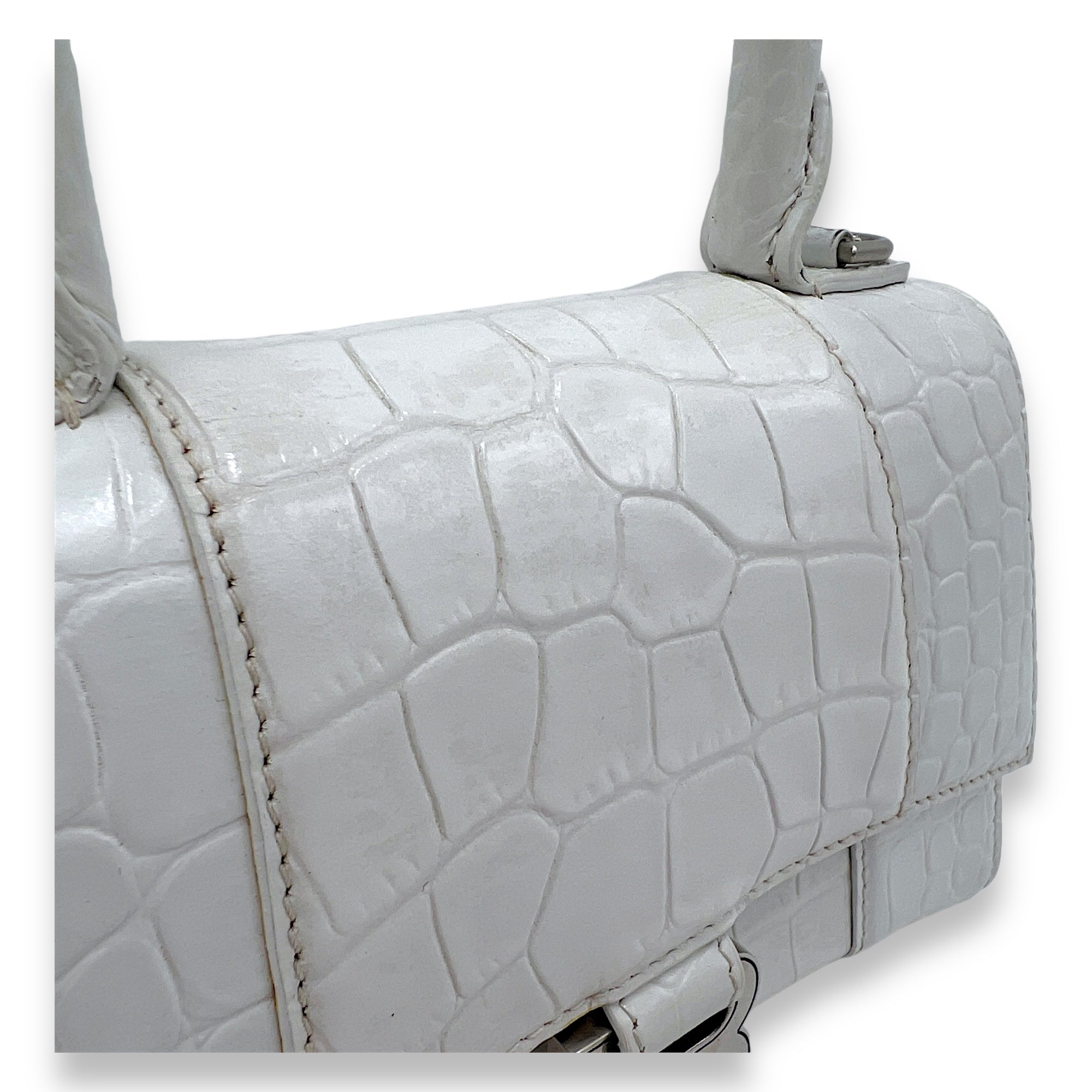 Hourglass XS White Top Handle Bag in Crocodile Embossed Calfskin, Silver hardware - Image 9