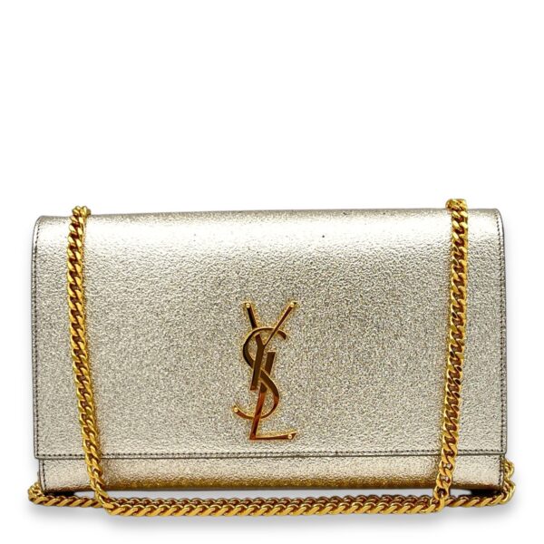 Kate Medium Silver Crossbody Bag in Calfskin, Gold hardware