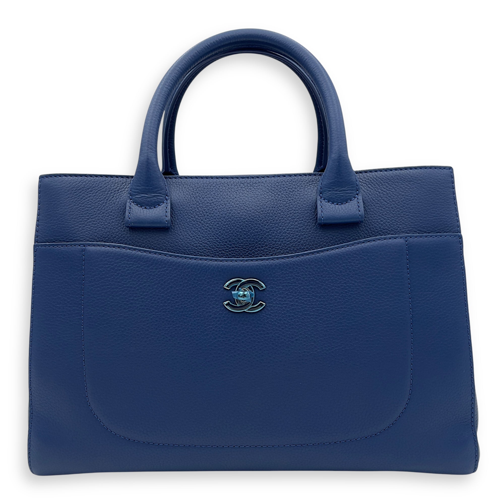 Neo Executive Blue Top Handle Bag in Caviar Leather, Silver hardware