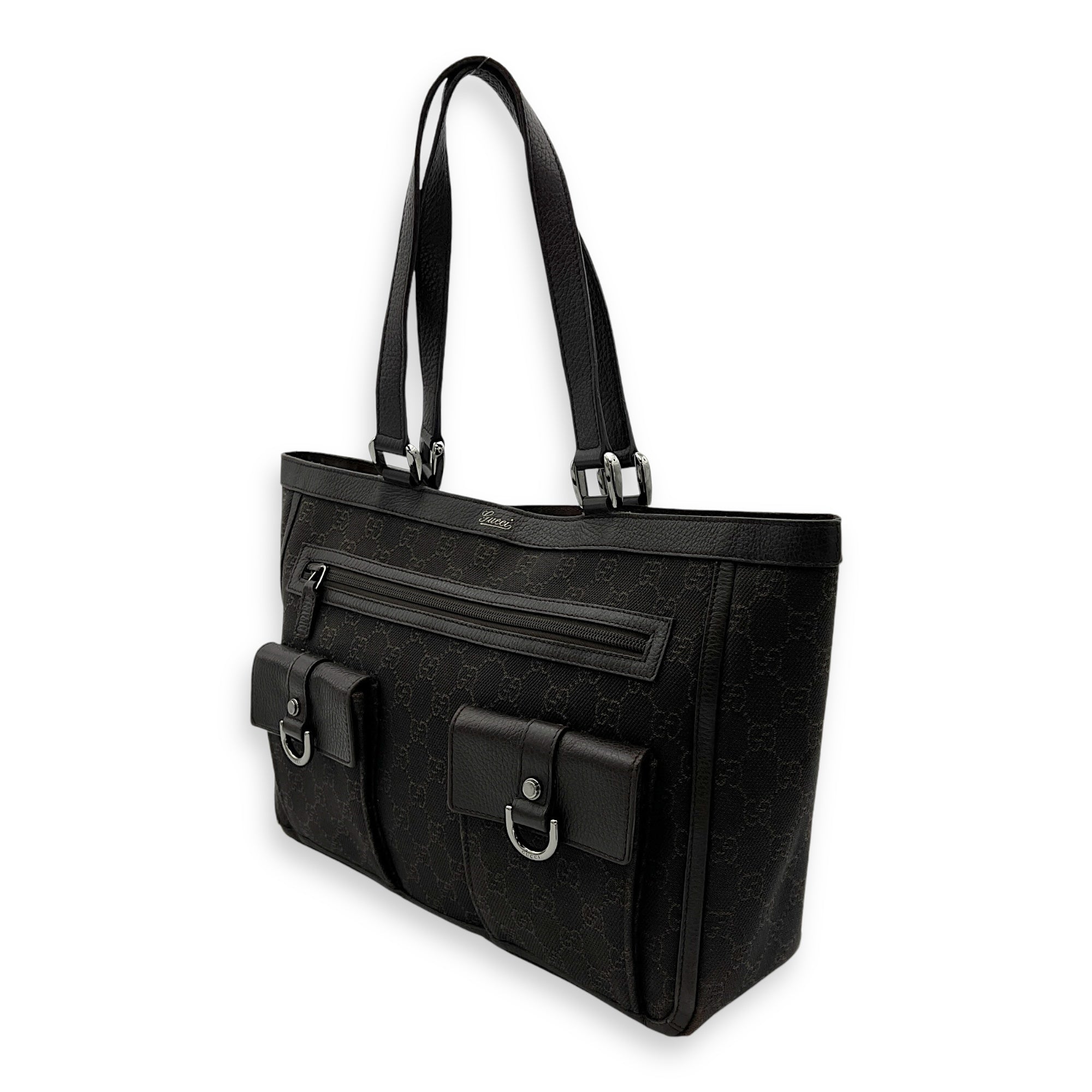 GG Abbey Pocket Black Tote Bag in Canvas, Silver hardware - Image 4