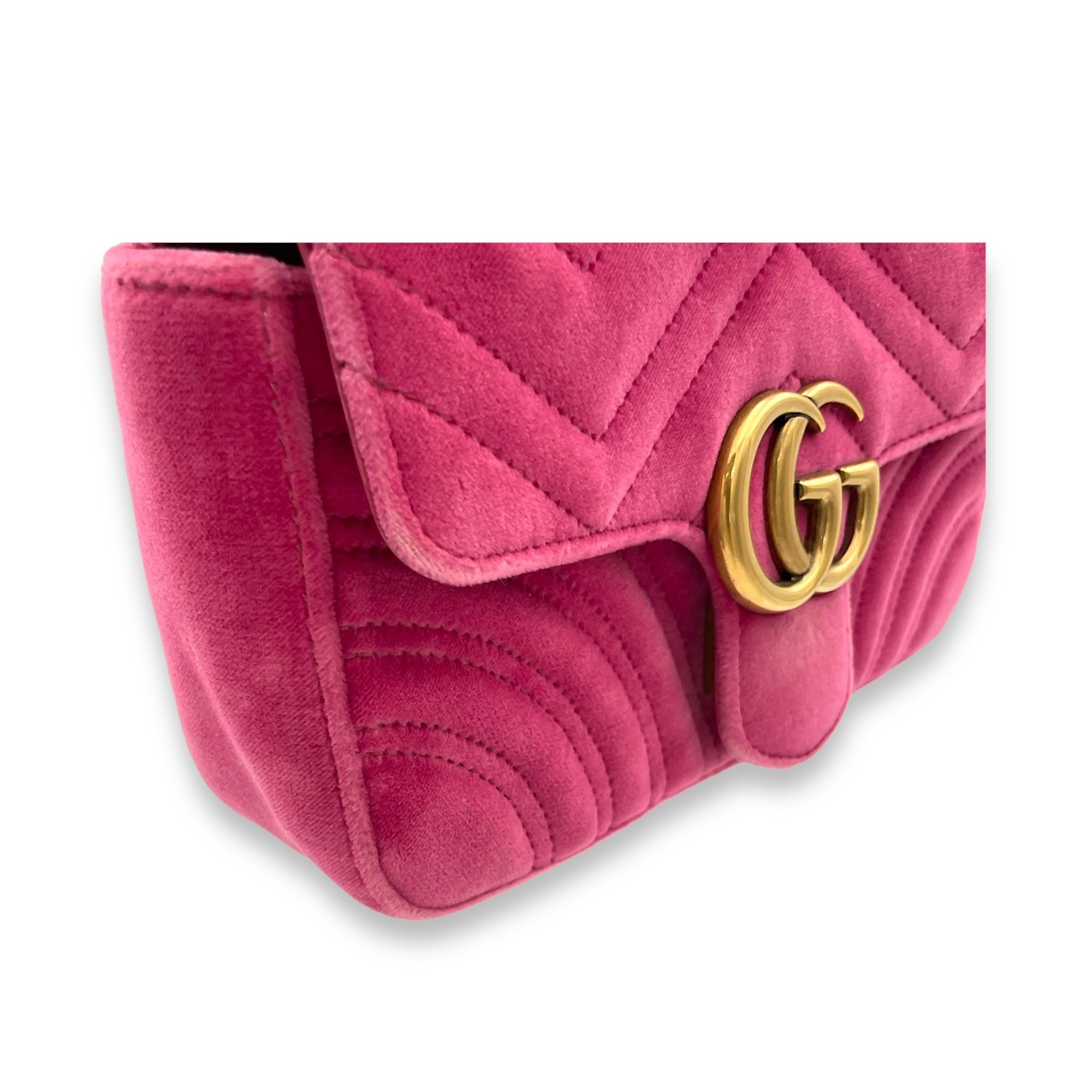 GG Marmont Mini Pink Shoulder Bag in Velvet, Gold hardware - Image 10