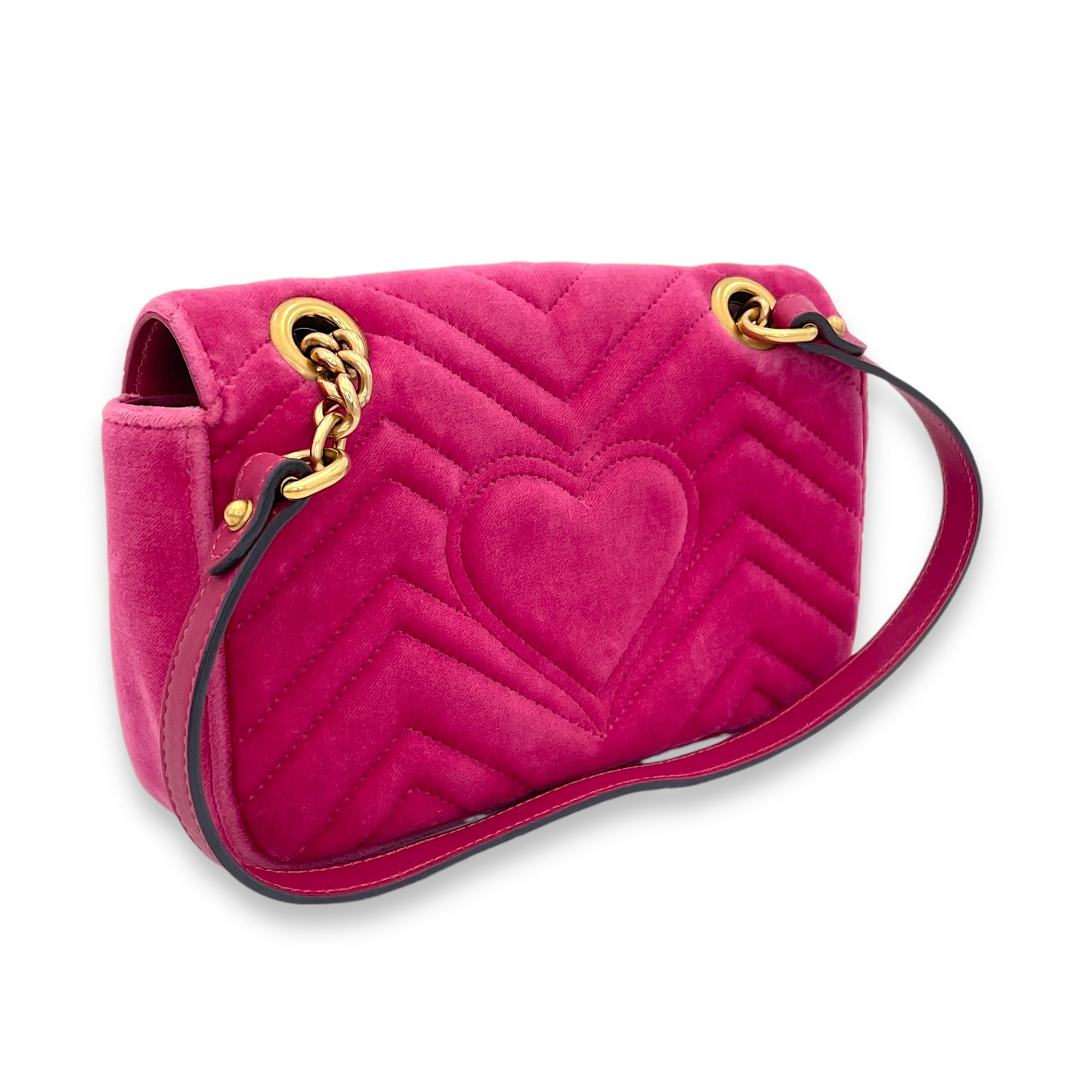 GG Marmont Mini Pink Shoulder Bag in Velvet, Gold hardware - Image 4