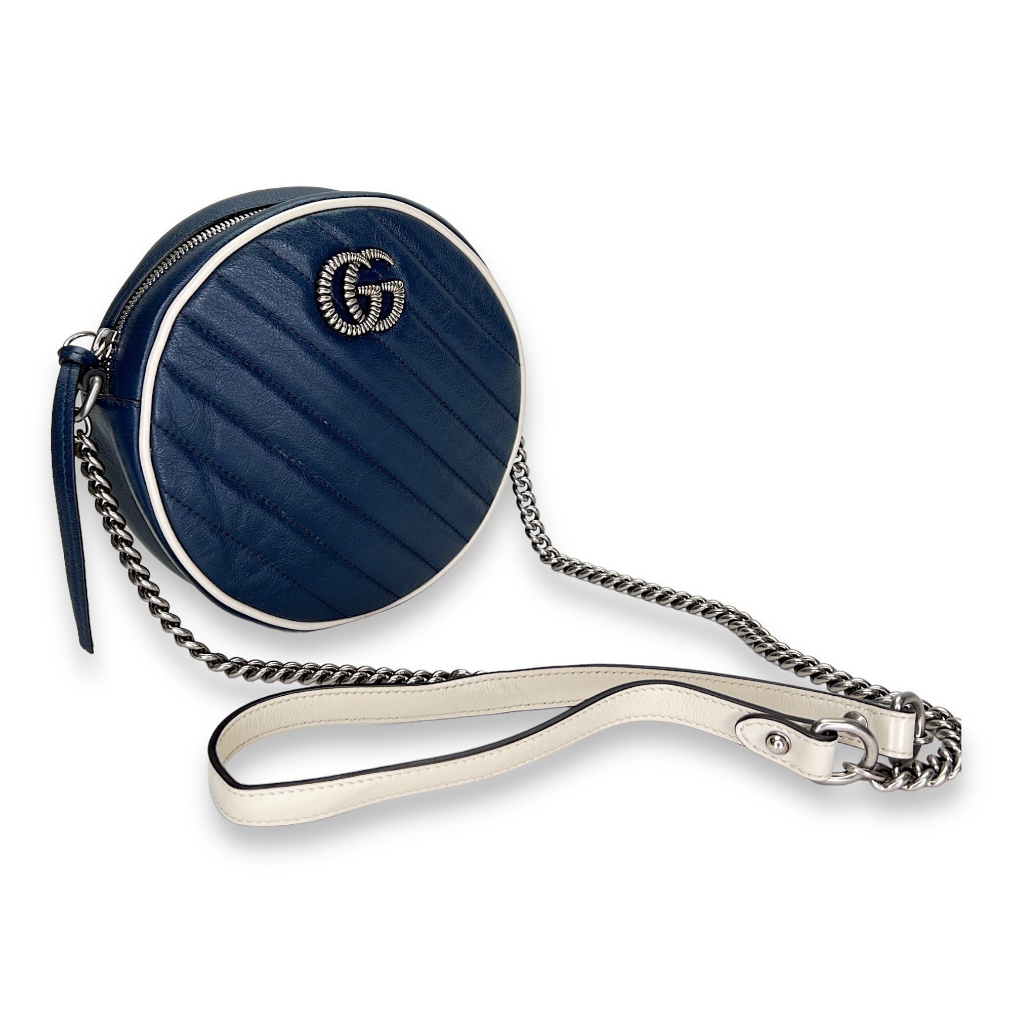 GG Marmont Round Navy Crossbody Bag in Calfskin, Silver hardware - Image 8