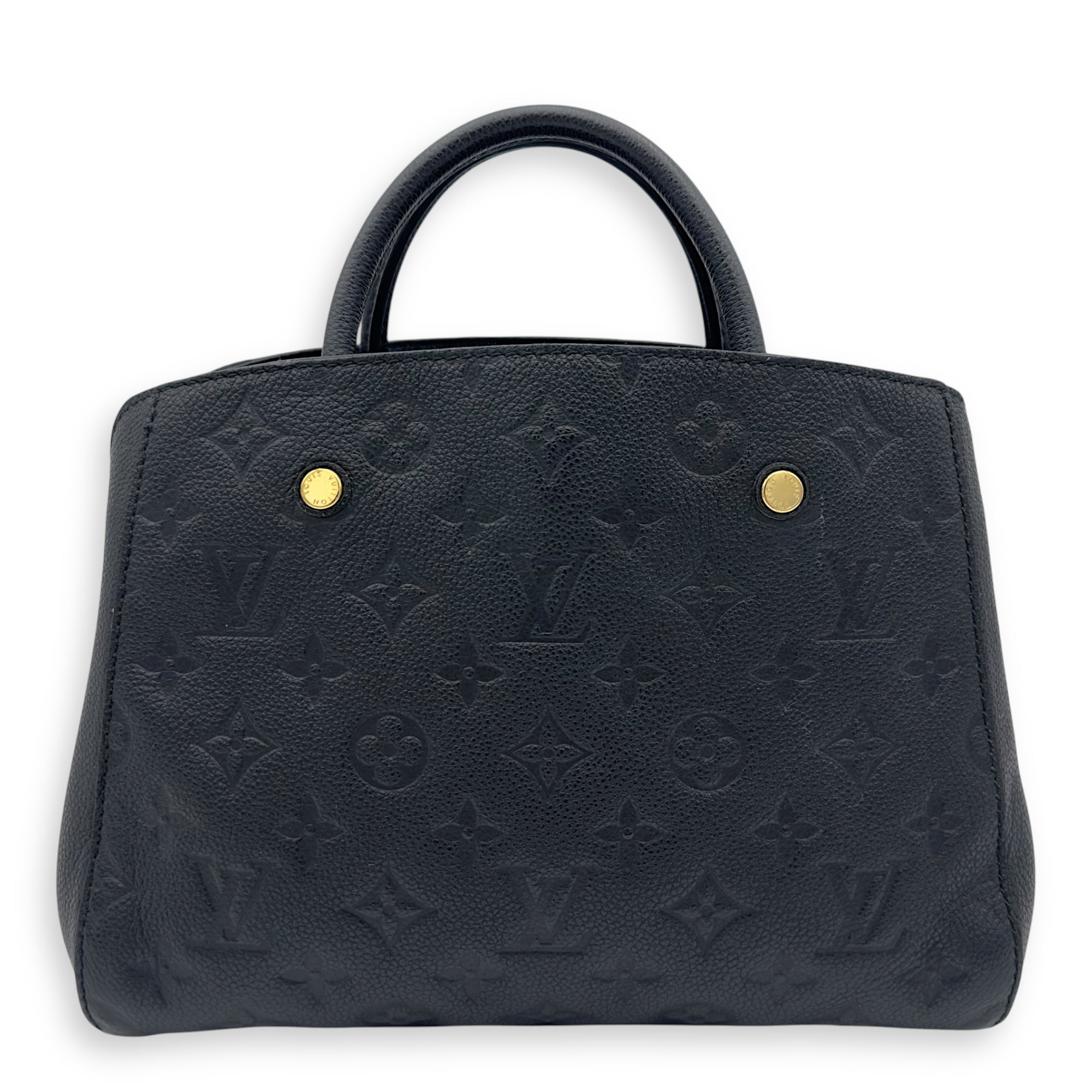 Montaigne BB Black Top Handle Bag in Monogram Empreinte Leather, Gold hardware