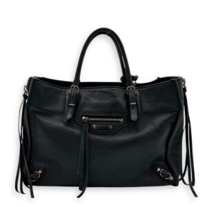 Papier Mini Black Top Handle Bag in Calfskin, Silver hardware