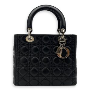 Lady Dior Medium Black Top Handle Bag in Lambskin, Silver hardware
