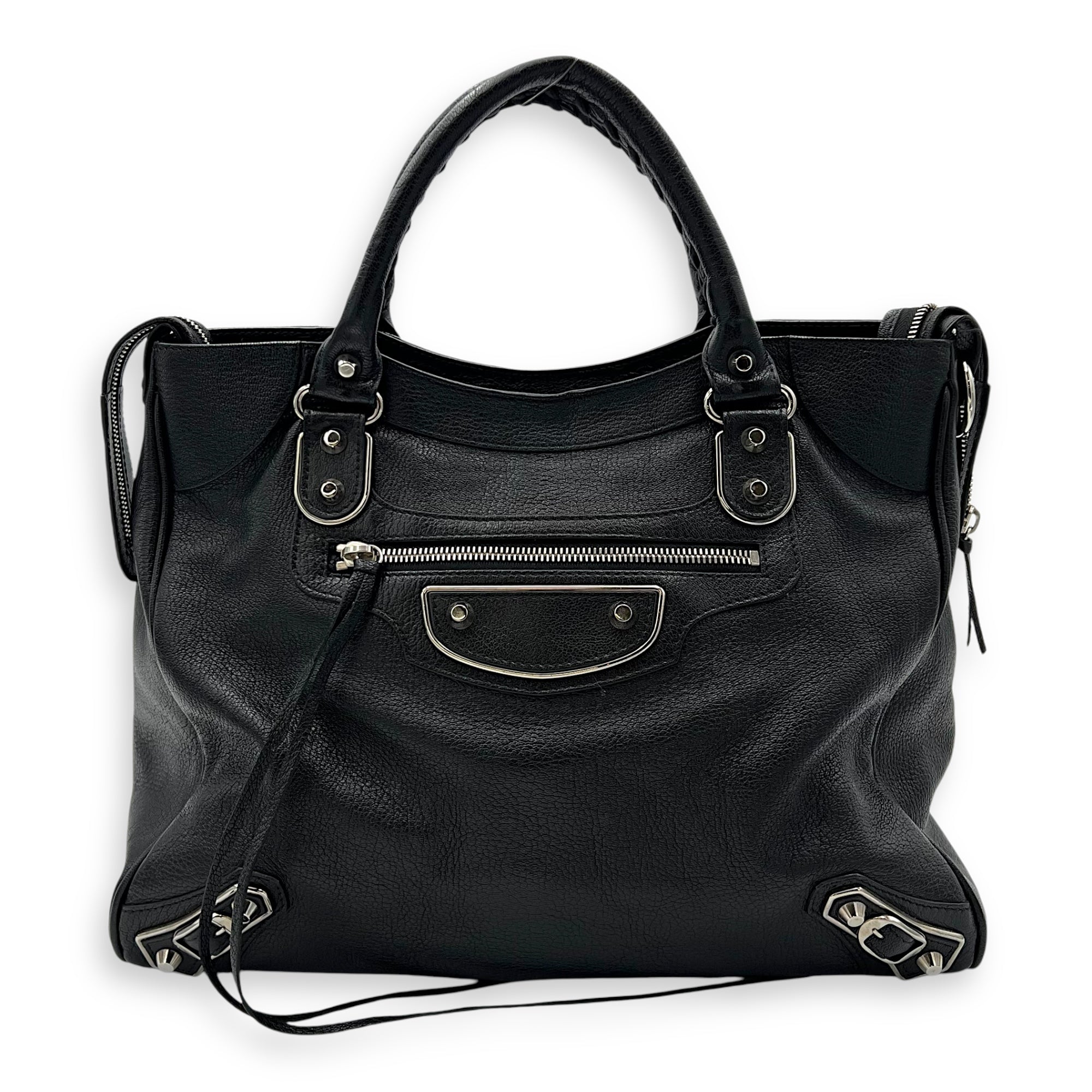 Metallic Edge Velo Black Top Handle Bag in Goat Leather, Silver hardware
