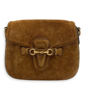 Lady Web Brown Shoulder Bag in Suede Leather, Gold hardware