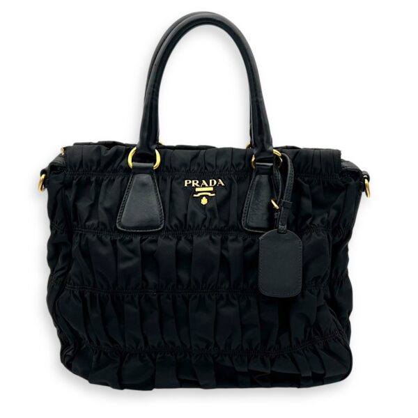 Gaufre Top Handle Bag Black in Nylon, Gold hardware