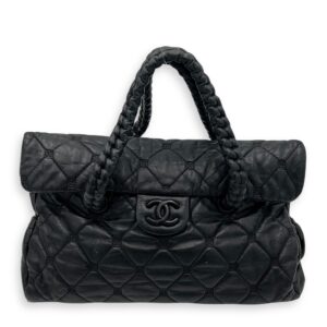 Hidden Chain Flap Black Top Handle Bag in Calfskin, Silver hardware