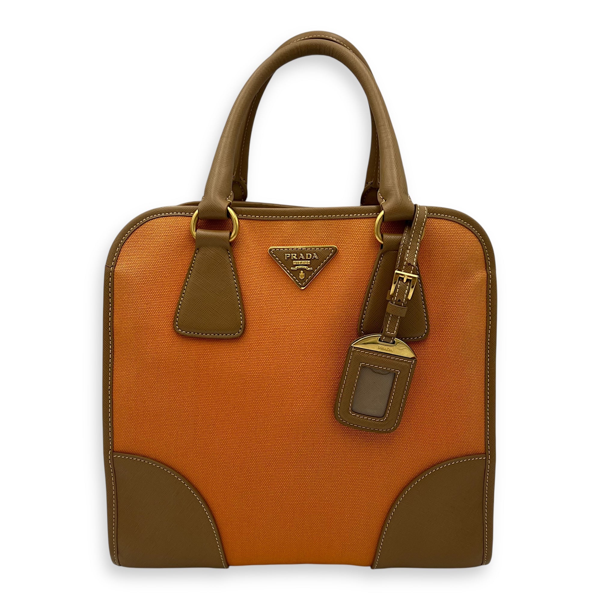 Logo Orange and Brown Top Handle Bag in Saffiano Leather and Canvas, Gold hardware