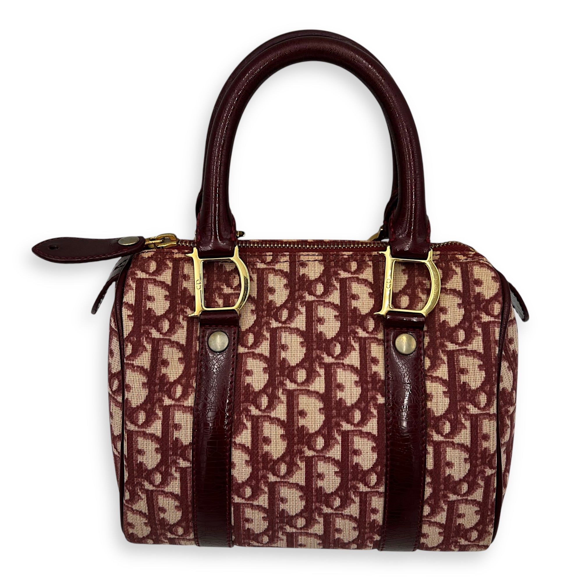 Vintage Trotter Boston Mini Red Top Handle Bag in Coated Canvas, Gold hardware