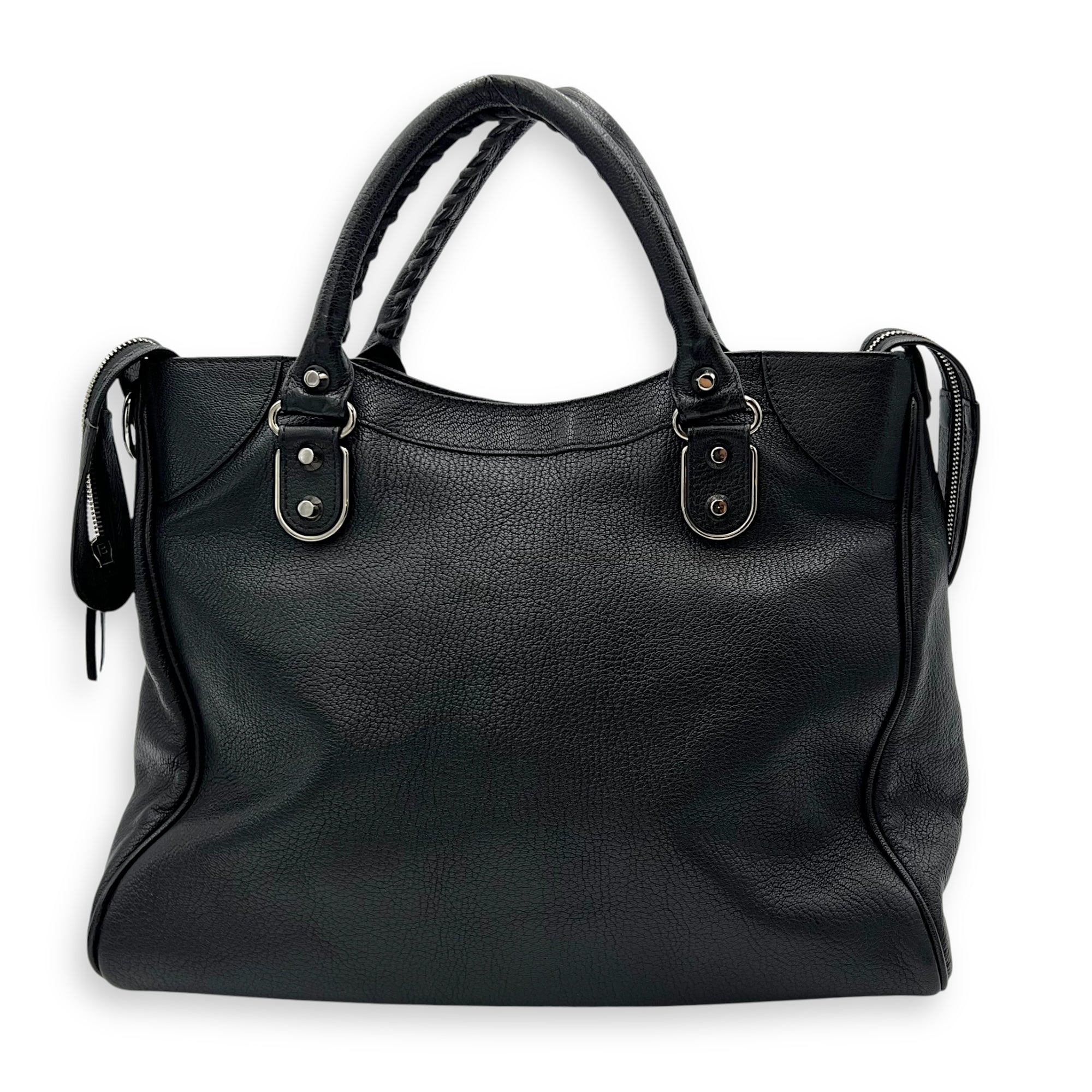Metallic Edge Velo Black Top Handle Bag in Goat Leather, Silver hardware - Image 2