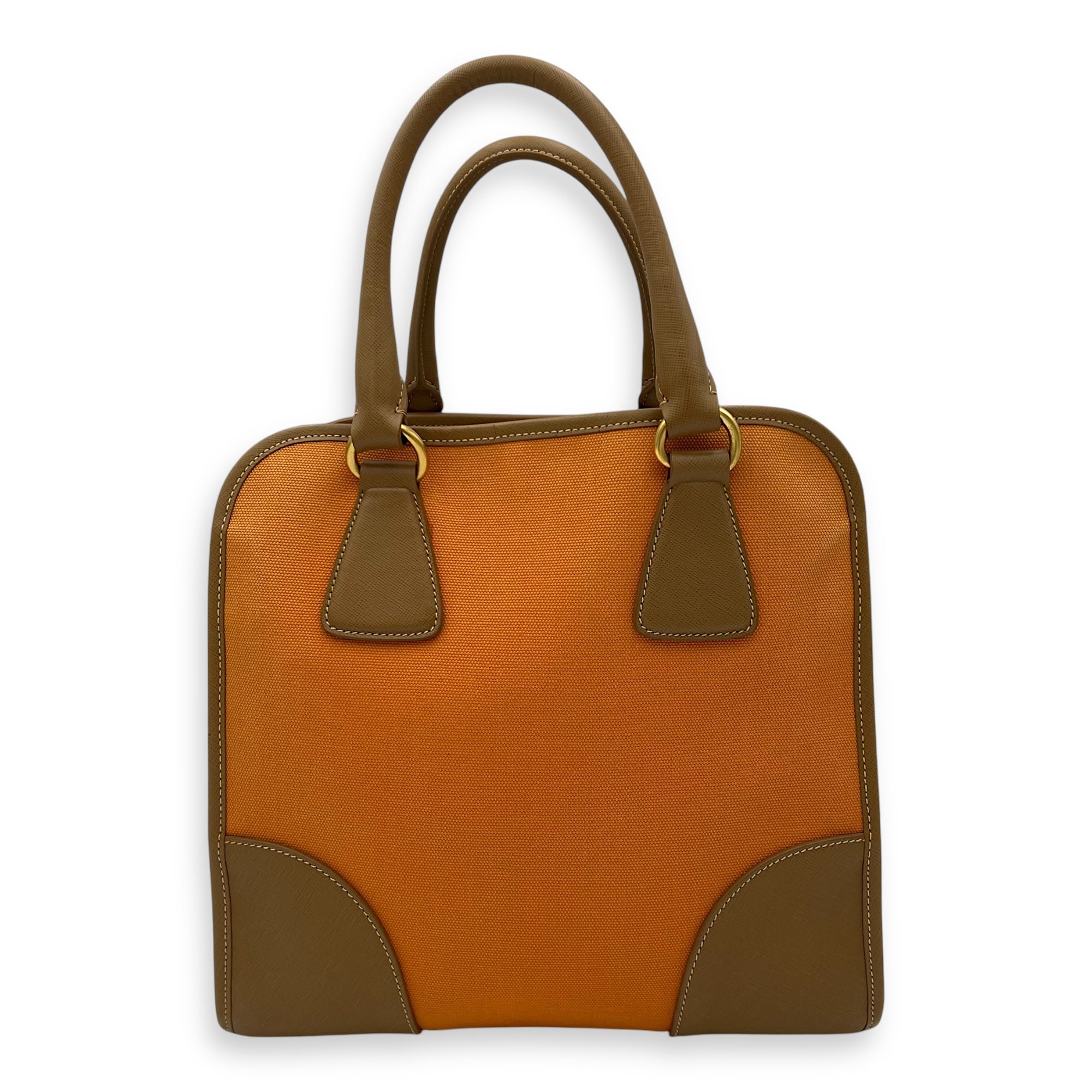 Logo Orange and Brown Top Handle Bag in Saffiano Leather and Canvas, Gold hardware - Image 2