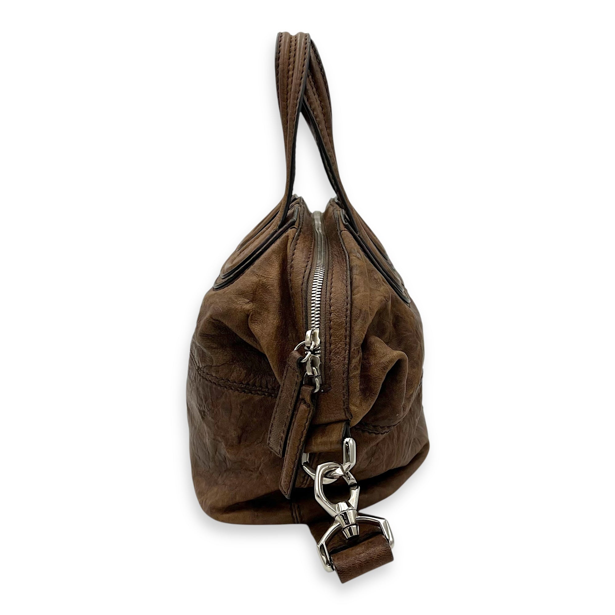 Nightingale Small Brown Top Handle Bag in Distressed Leather, Silver hardware - Image 3