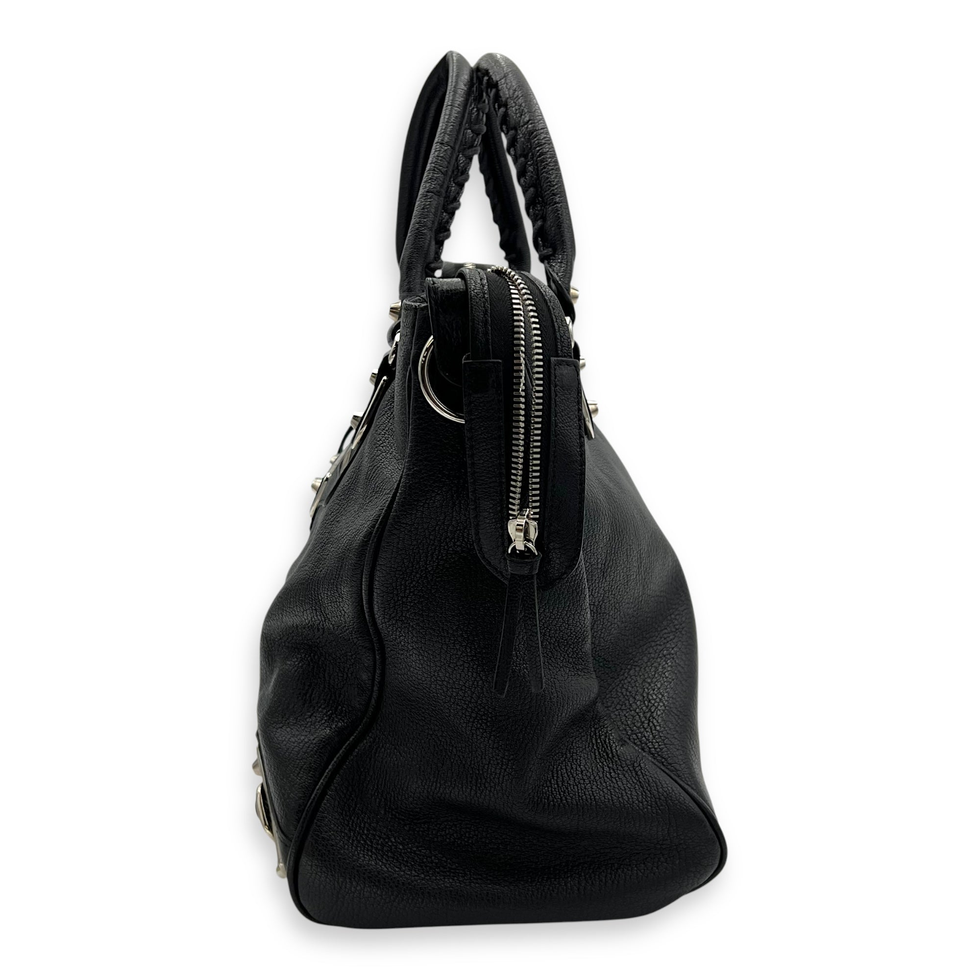Metallic Edge Velo Black Top Handle Bag in Goat Leather, Silver hardware - Image 3