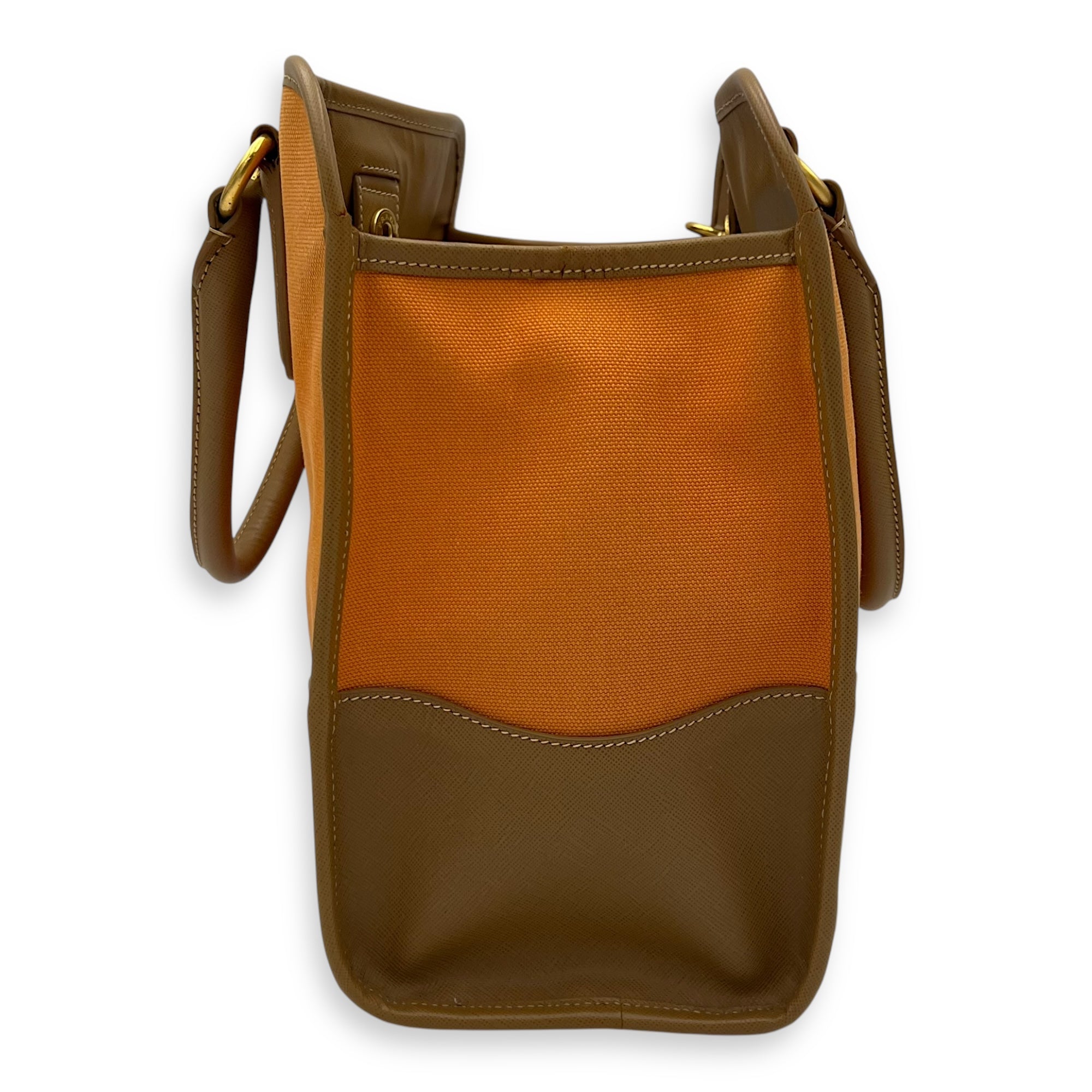 Logo Orange and Brown Top Handle Bag in Saffiano Leather and Canvas, Gold hardware - Image 3