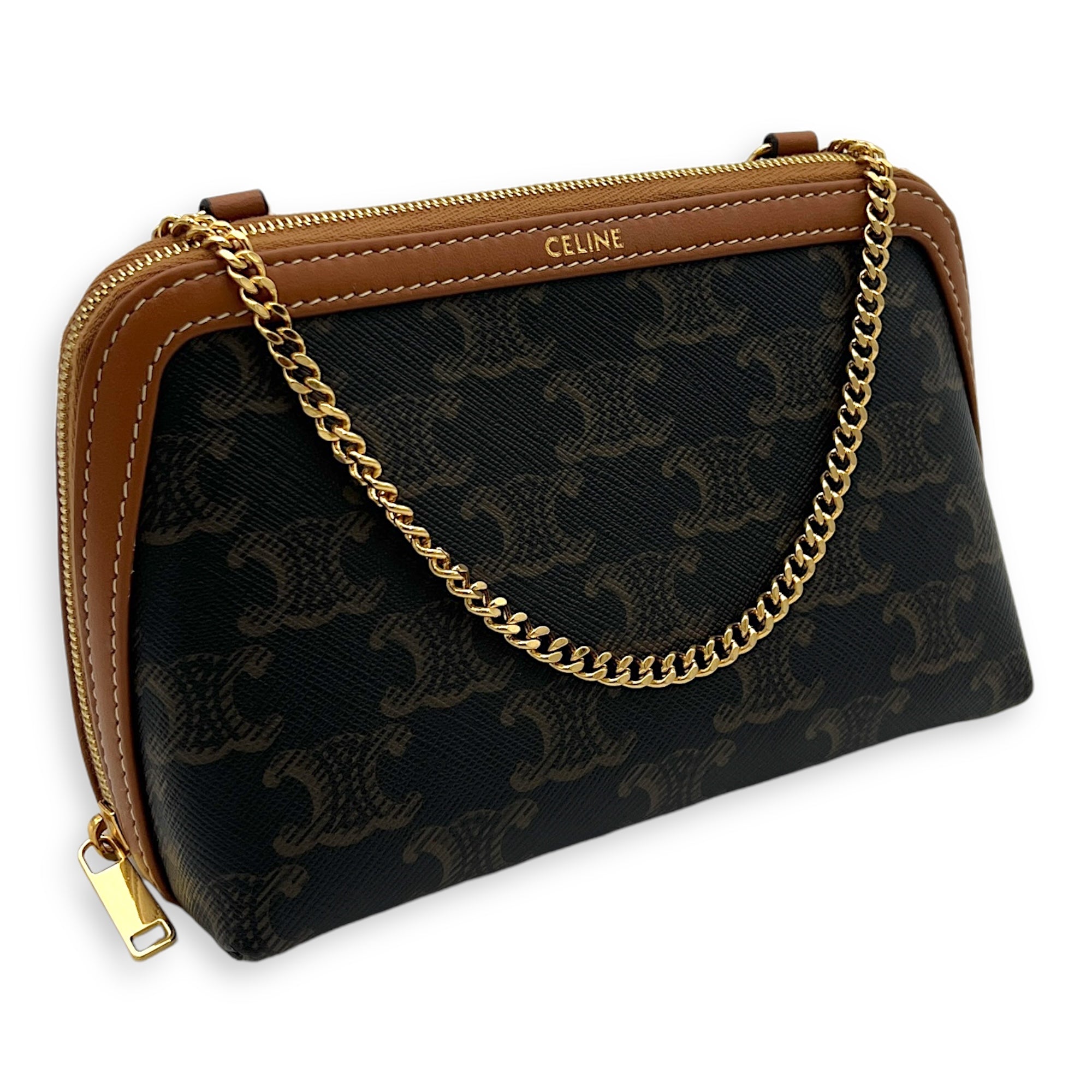 Triomphe Clutch On Chain Shoulder Bag Brown in Coated Canvas, Gold hardware - Image 3