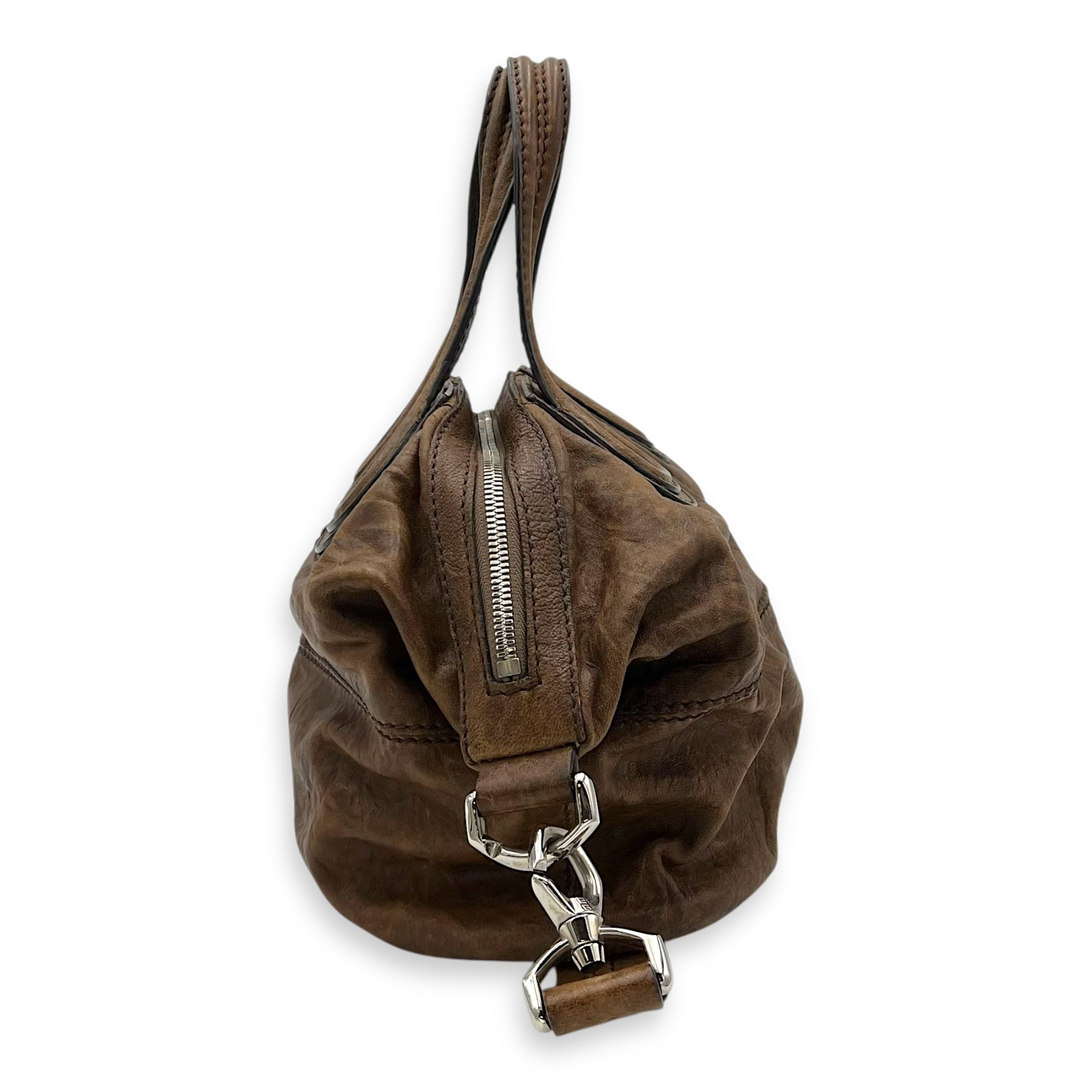 Nightingale Small Brown Top Handle Bag in Distressed Leather, Silver hardware - Image 4