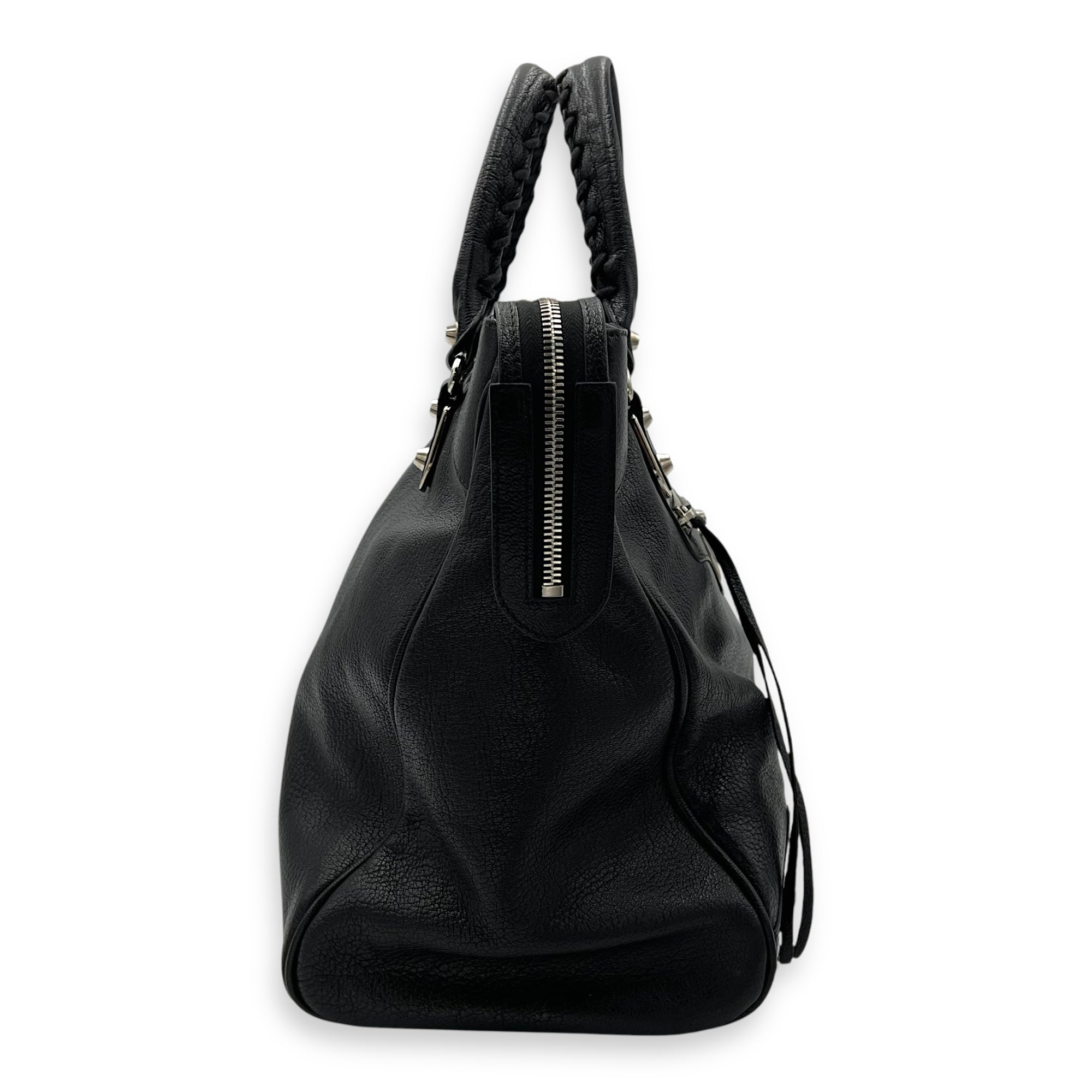 Metallic Edge Velo Black Top Handle Bag in Goat Leather, Silver hardware - Image 4