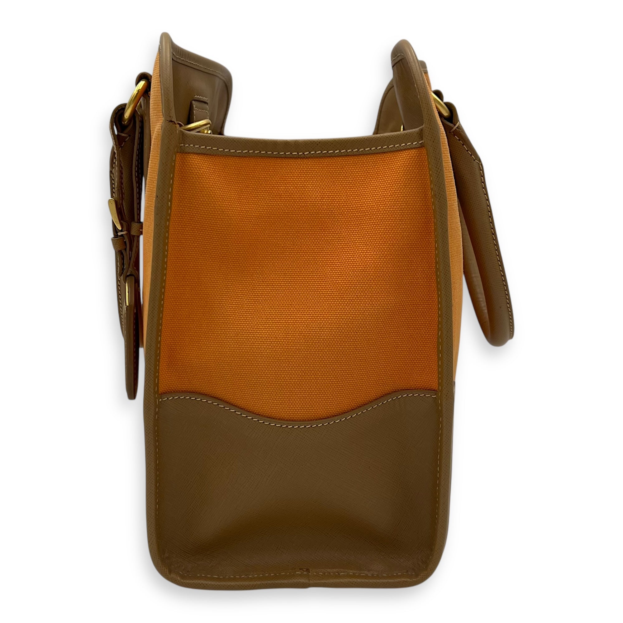 Logo Orange and Brown Top Handle Bag in Saffiano Leather and Canvas, Gold hardware - Image 8